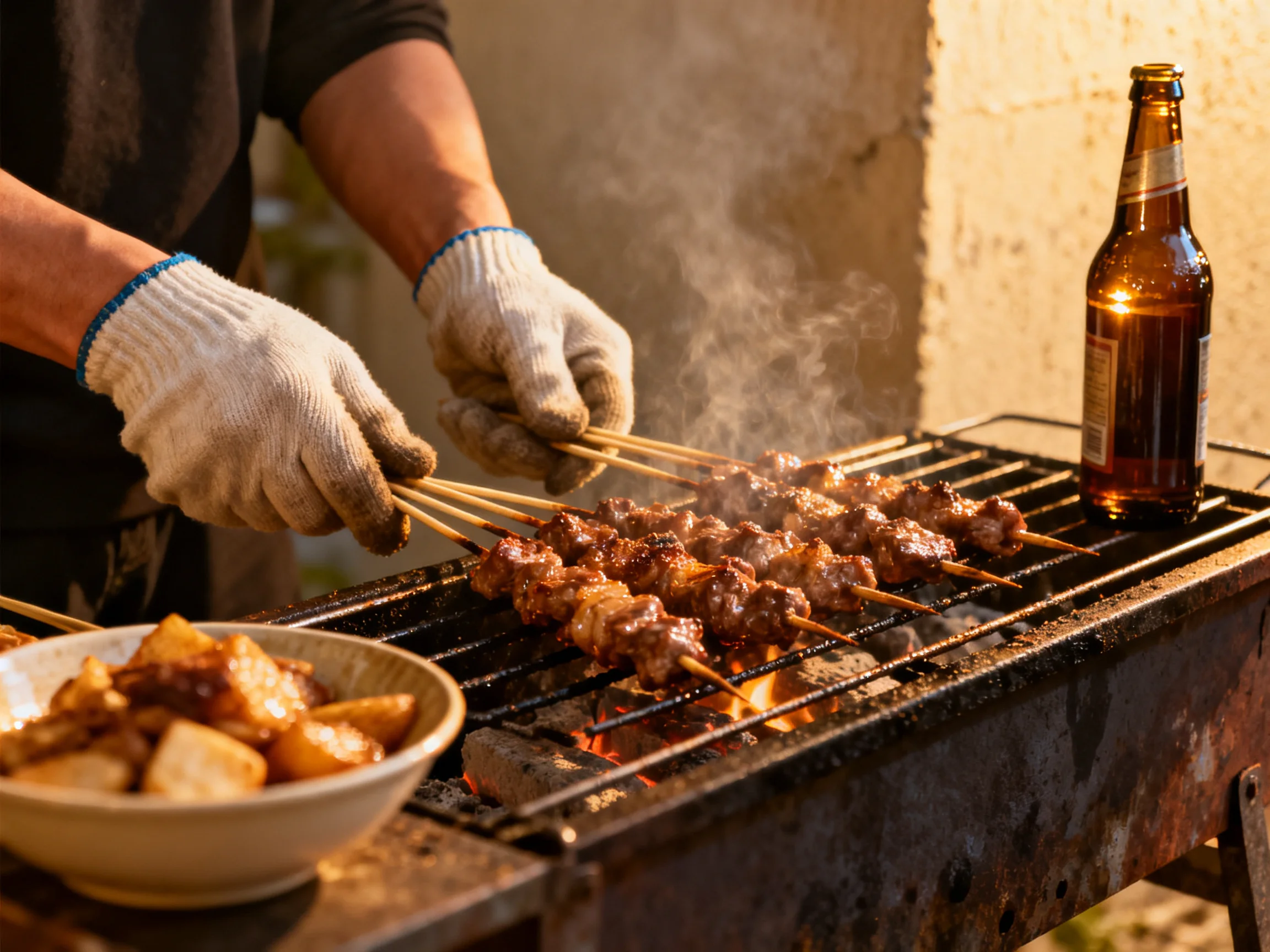 Skewers sizzle on an outdoor grill near a beer bottle
