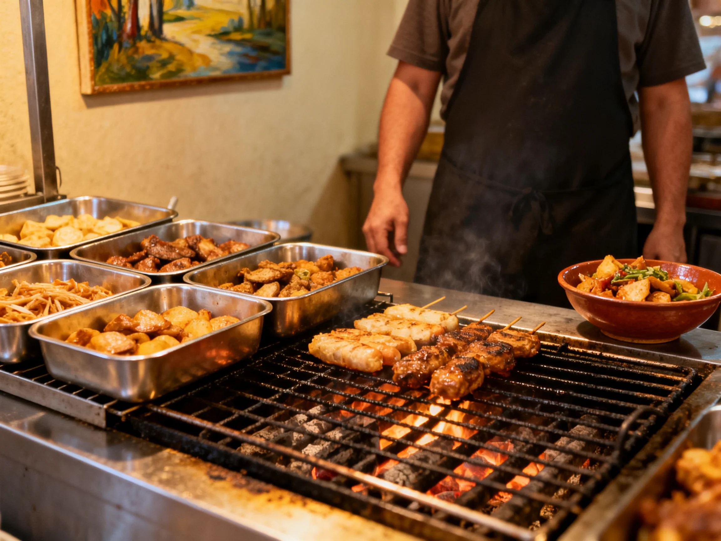 Skewers sizzling over open flame beside stainless steel food trays