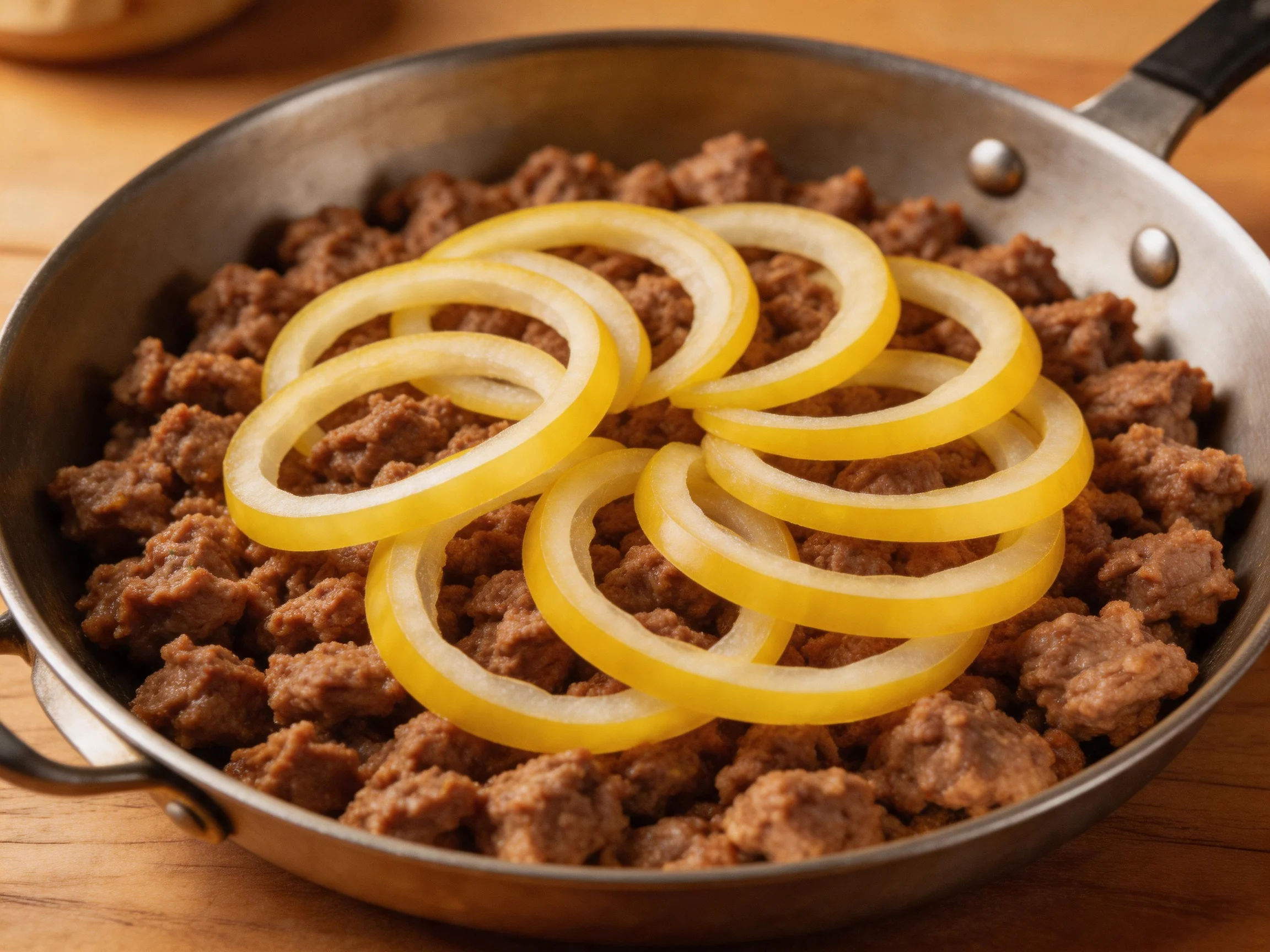 Skillet of browned ground meat topped with yellow onion rings