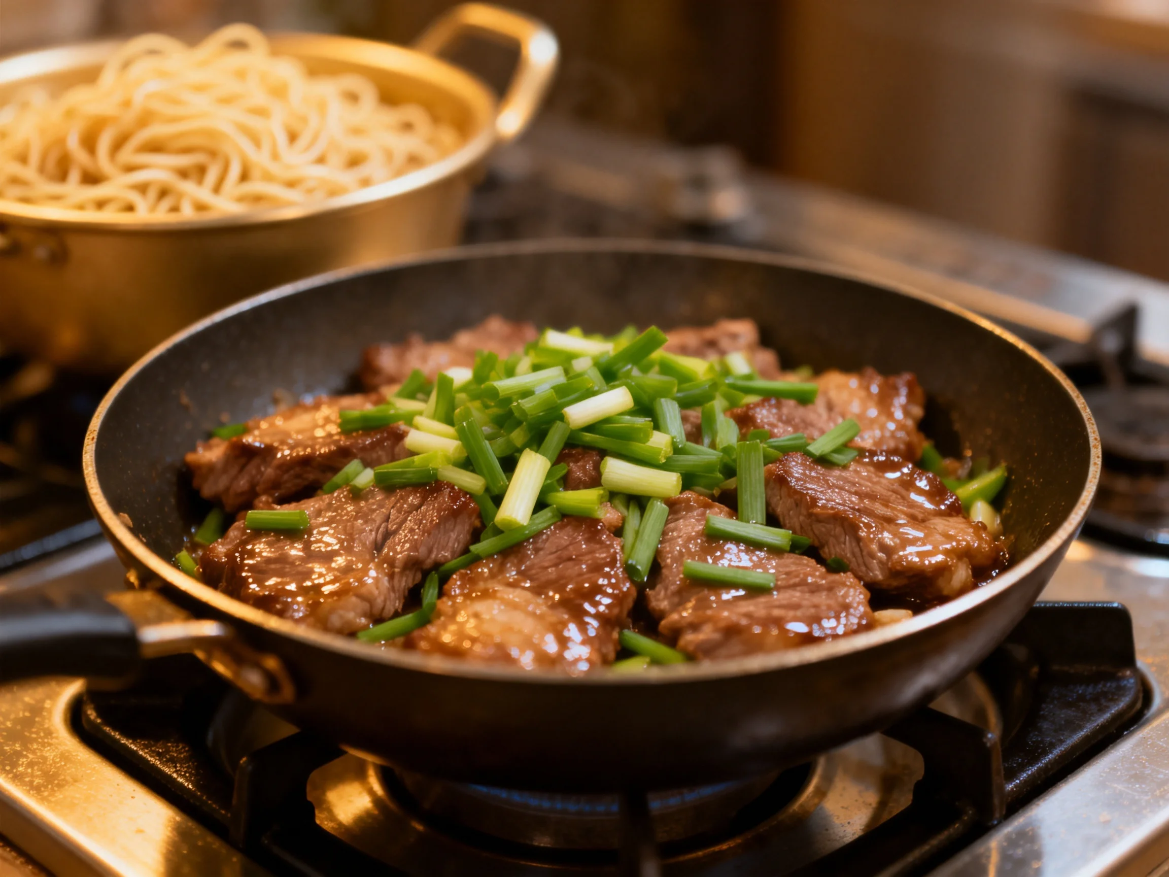 Skillet of glazed beef with green onions next to a pot of noodles