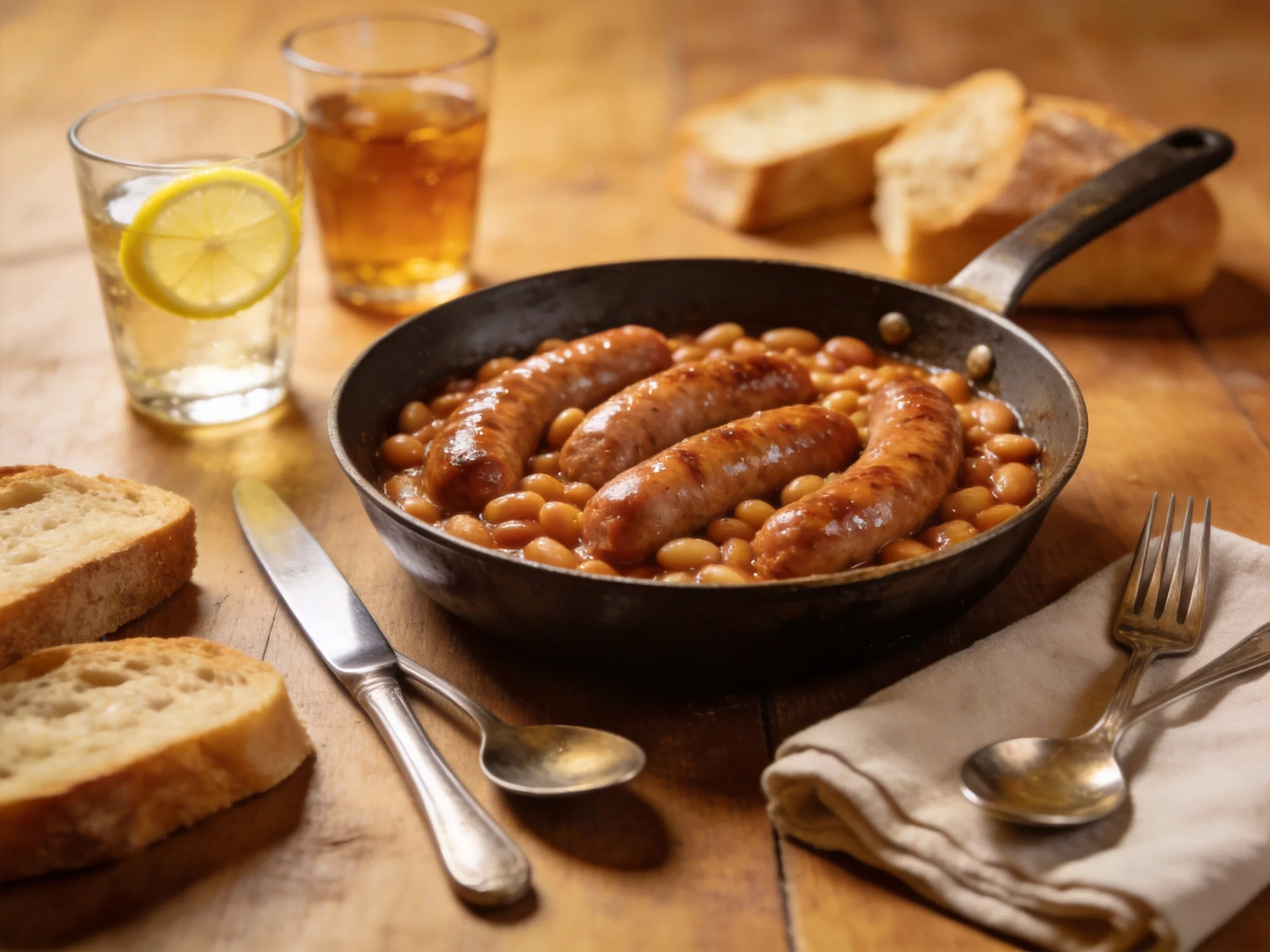 Skillet of sausages and beans with bread slices and two drinks