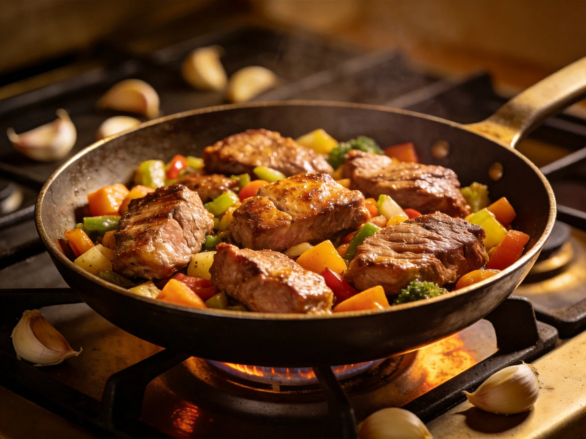 Skillet of seared meat and colorful veggies on a gas stove