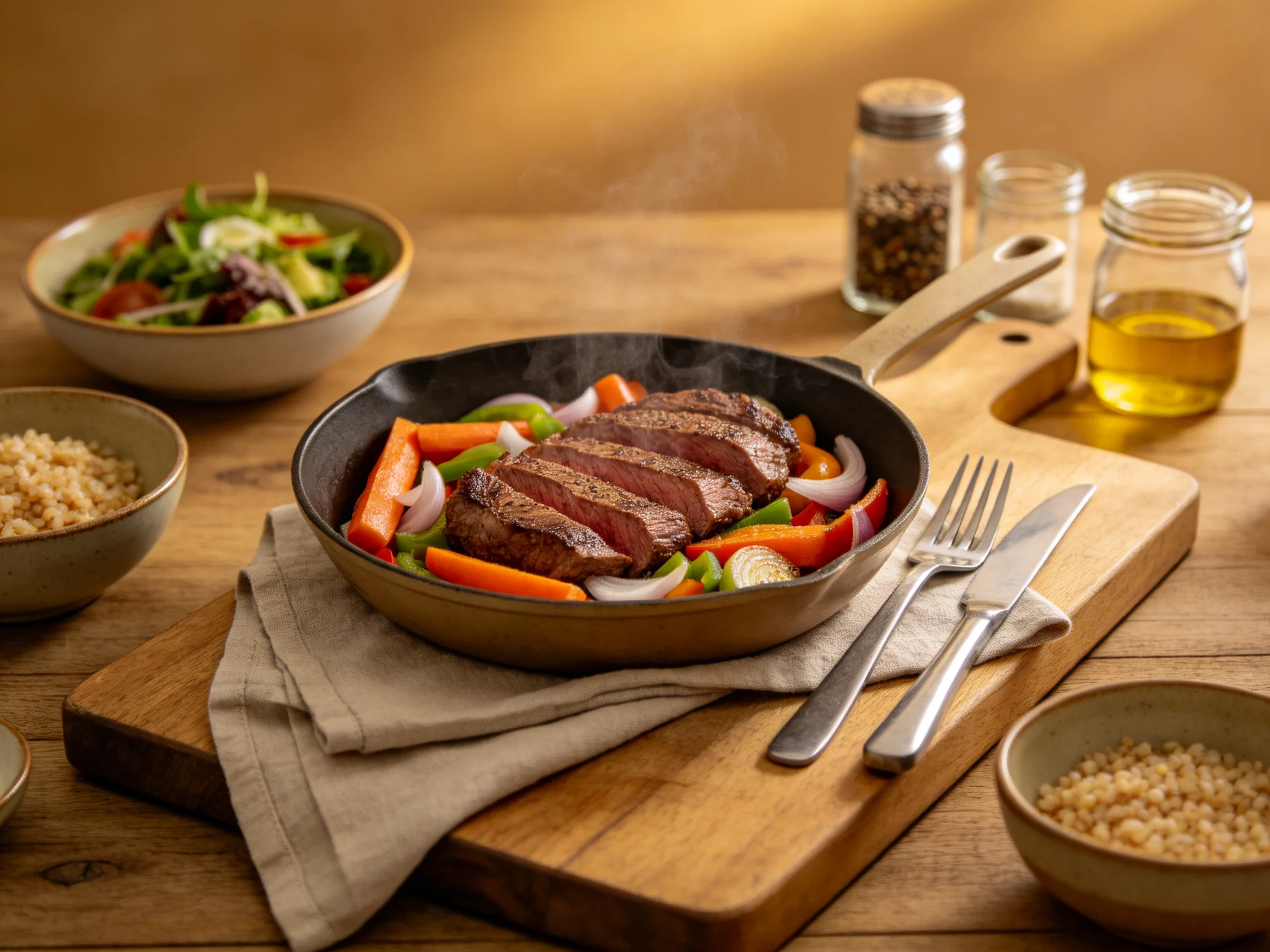 Skillet of sliced steak with colorful vegetables, served with grains and salad