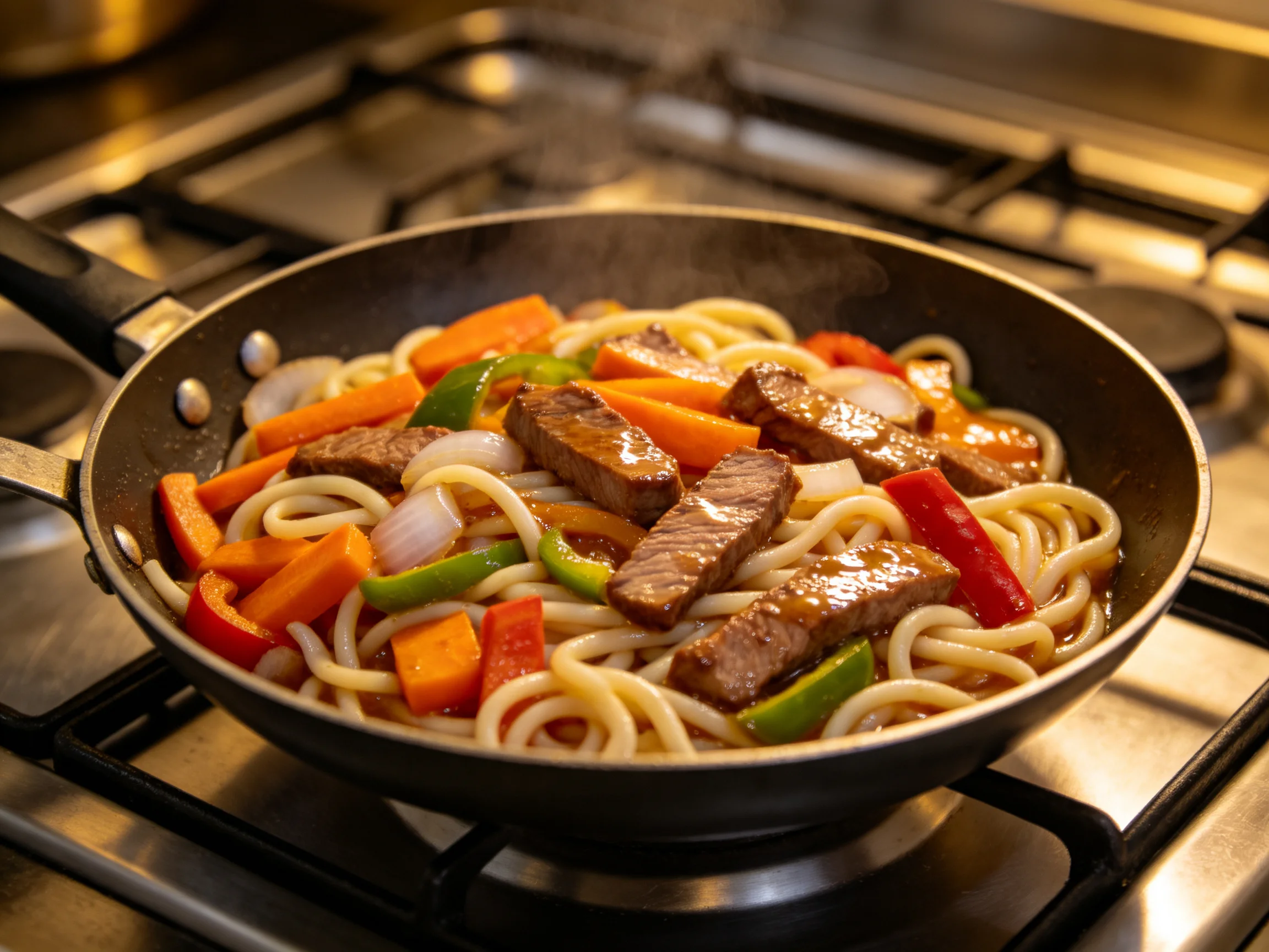 Skillet of stir-fried noodles with beef, carrots, and bell peppers