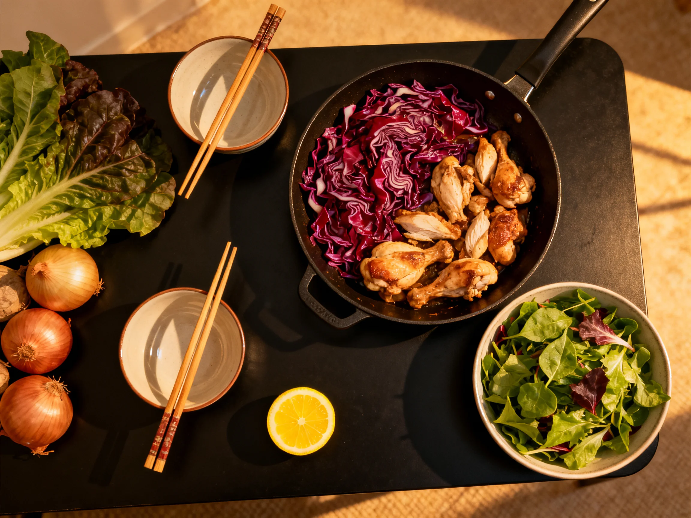 Skillet with golden chicken and purple cabbage near fresh veggies