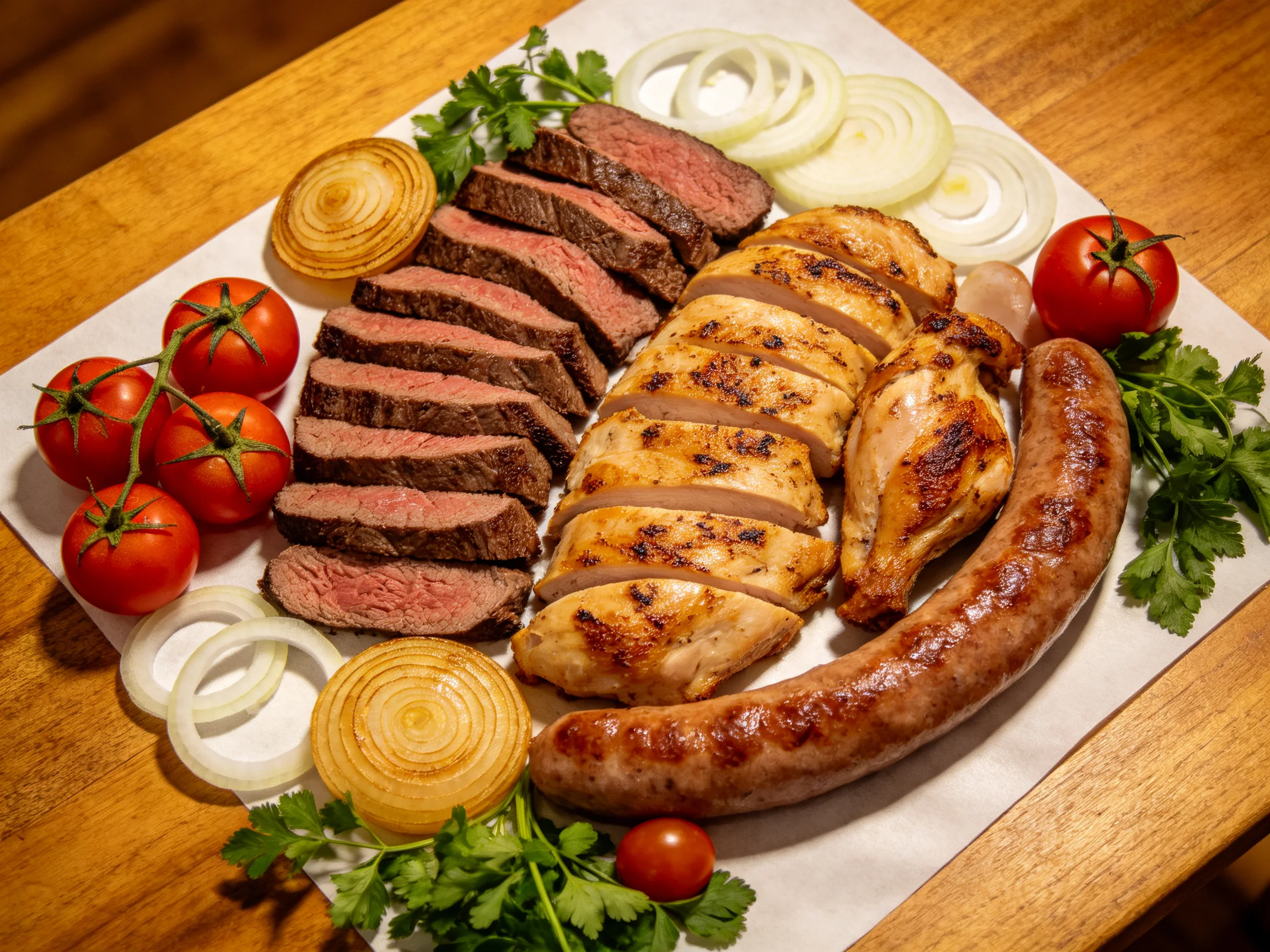 Sliced Beef, Chicken, Sausage Platter with Tomatoes and Onions