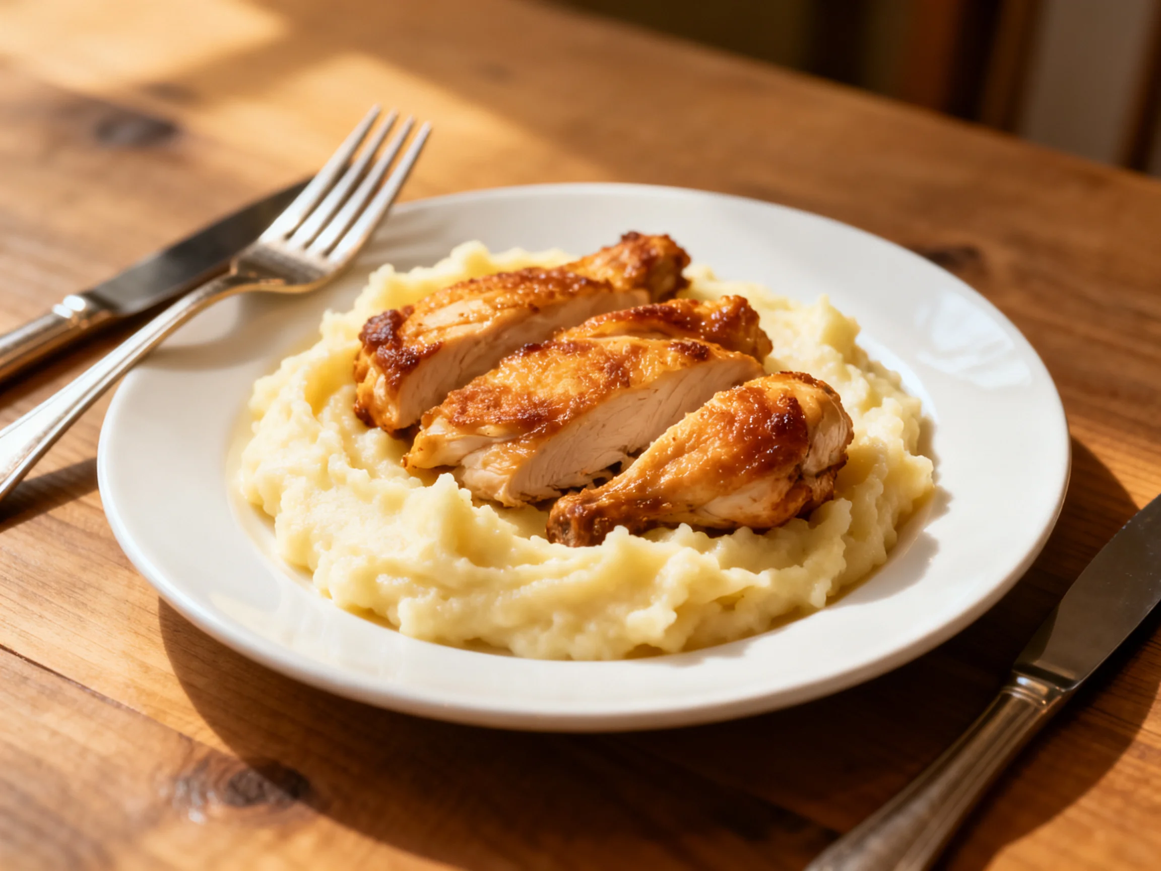 Sliced Grilled Chicken over Creamy Mashed Potatoes with Silverware