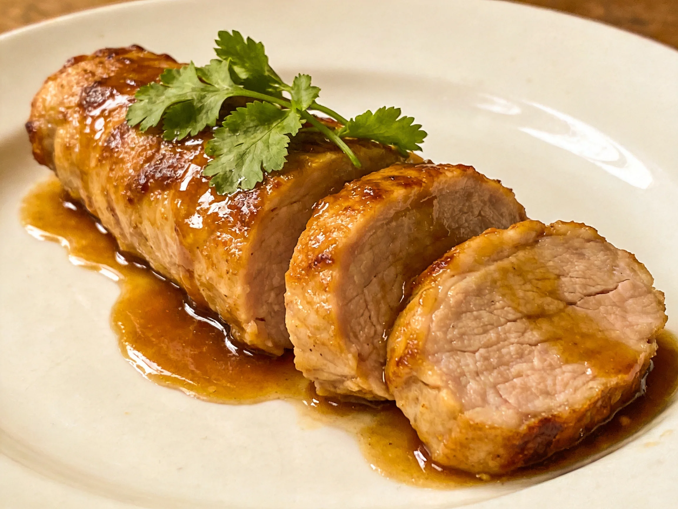 Sliced Pork Tenderloin with Rich Brown Sauce and Fresh Cilantro