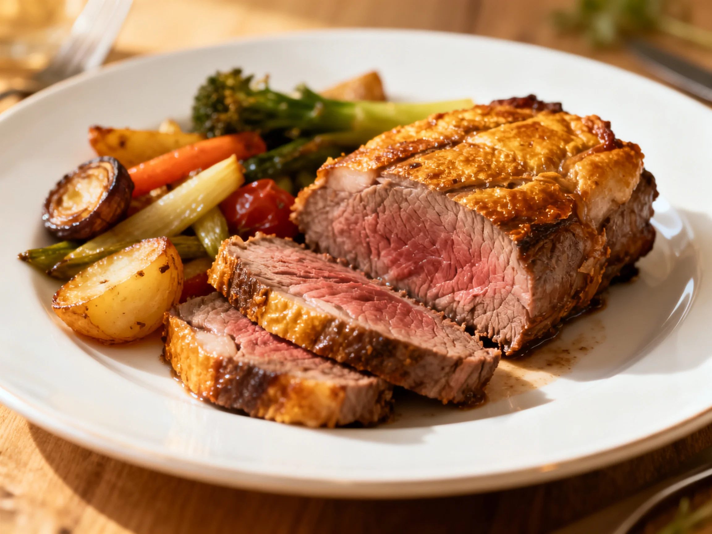 Sliced Roast Beef with Mixed Roasted Vegetables on a White Plate