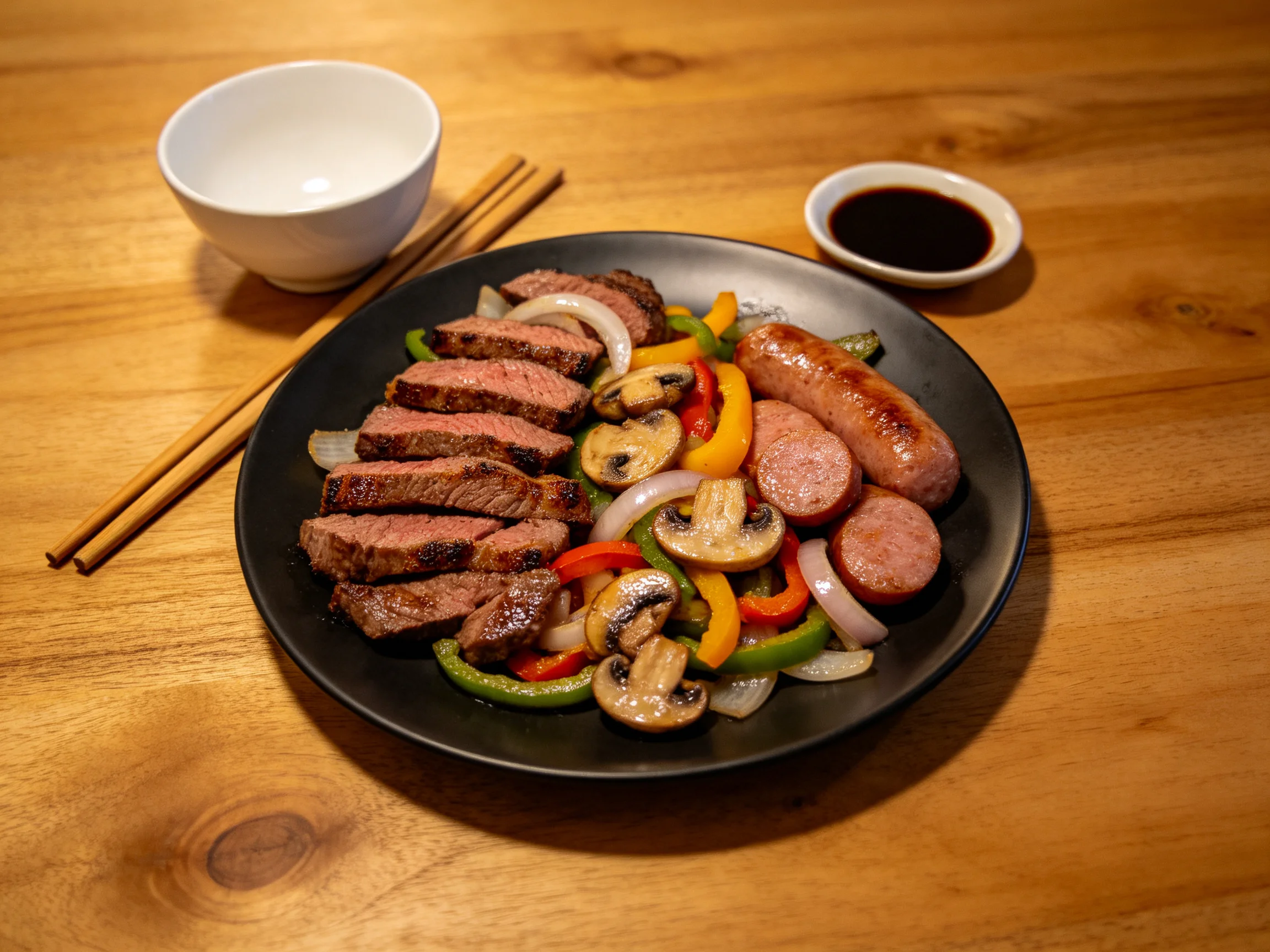 Sliced Steak, Sausage, and Mixed Vegetable Stir-Fry with Dipping Sauce
