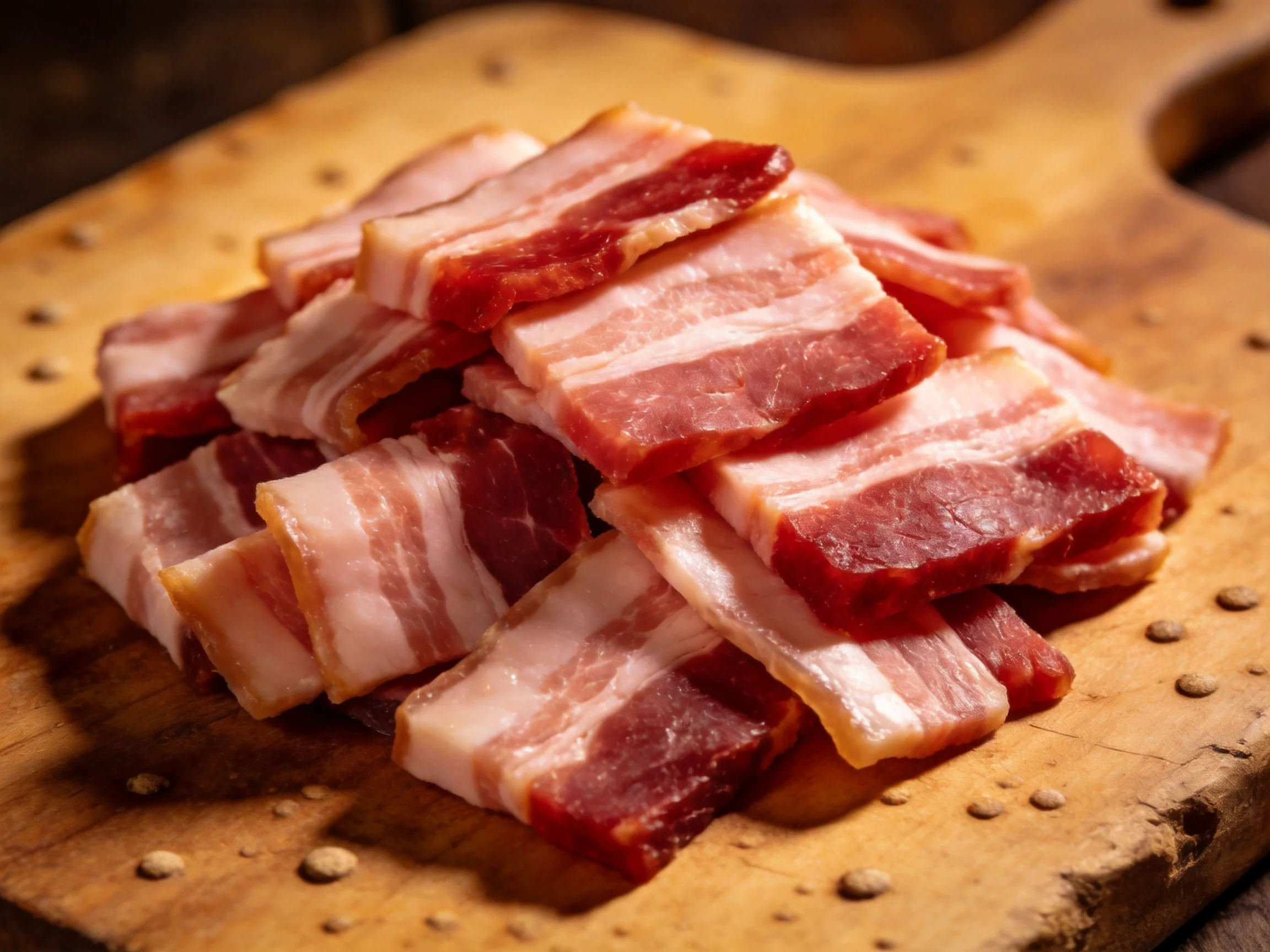 Sliced bacon stacked on a wooden cutting board
