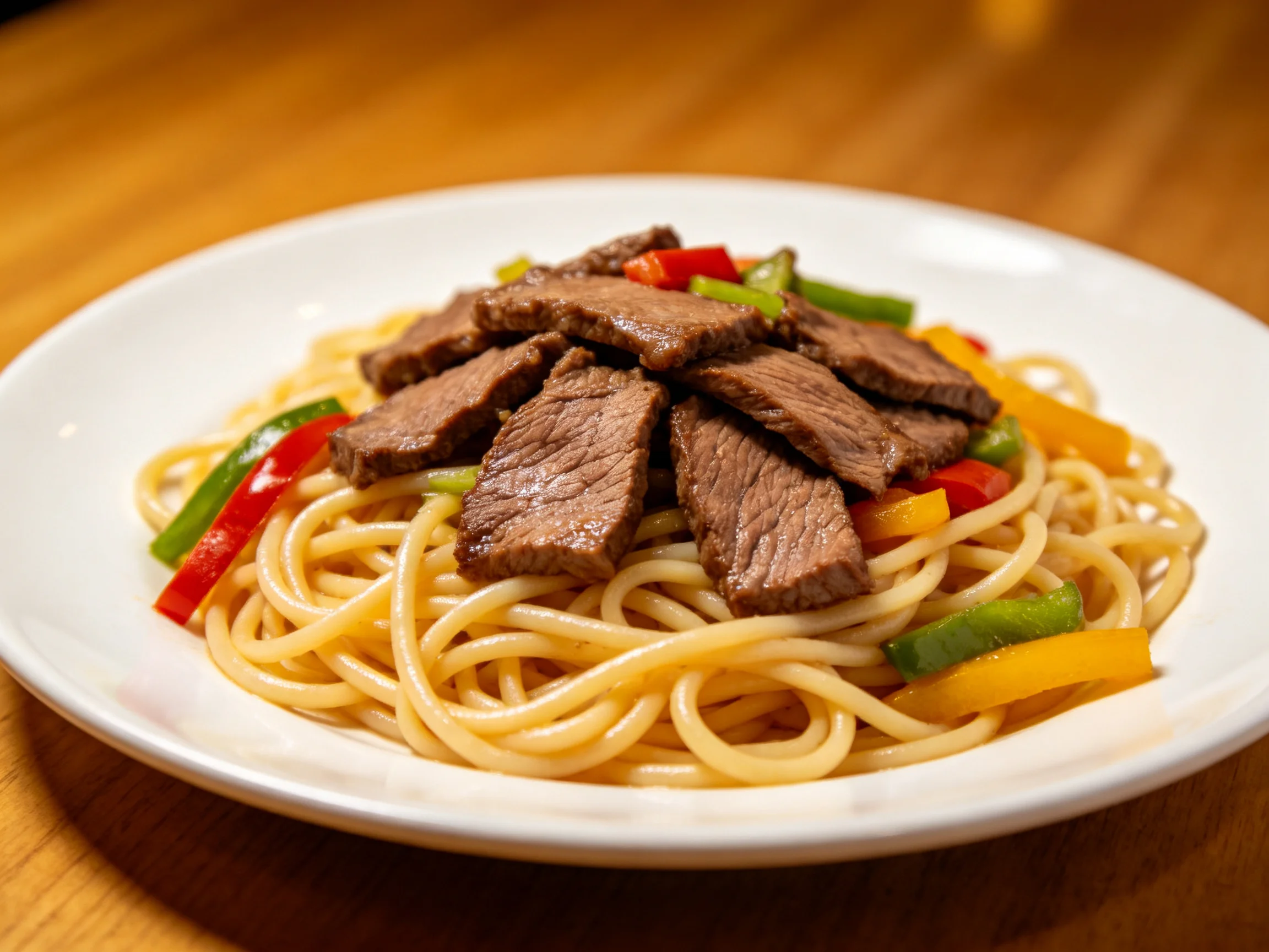 Sliced beef and colorful bell pepper stir - fry over golden noodles