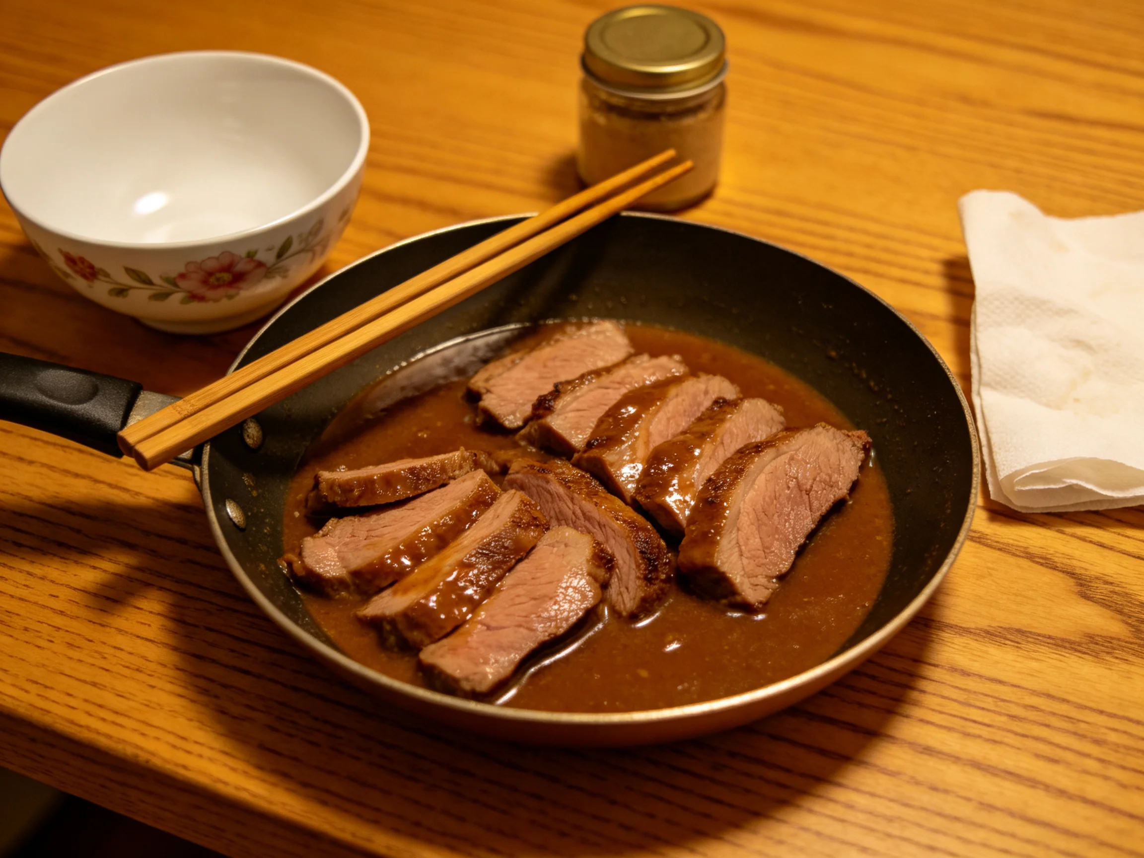 Sliced beef in rich brown sauce served in a black skillet