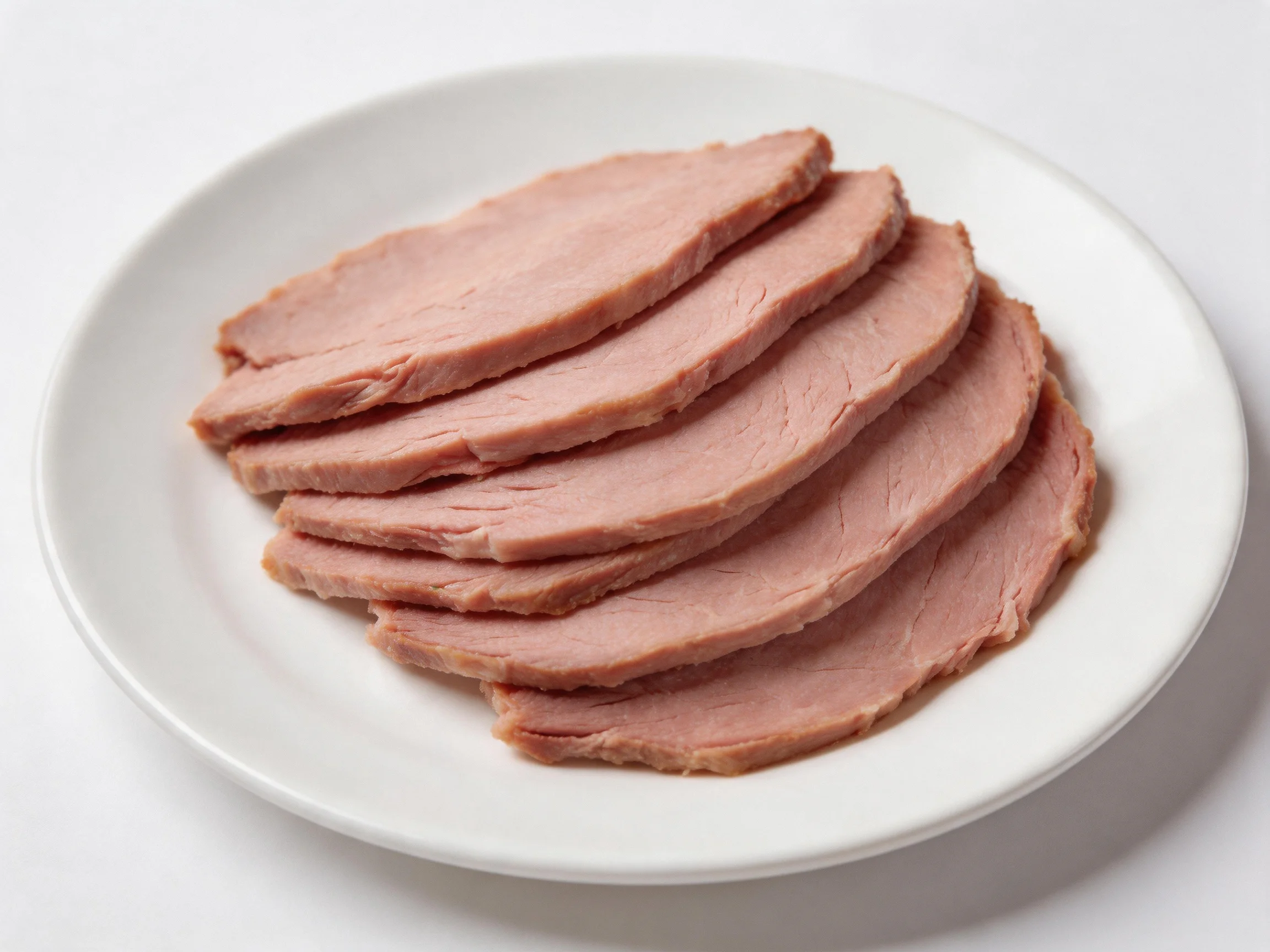 Sliced cooked ham neatly arranged on a plain white plate