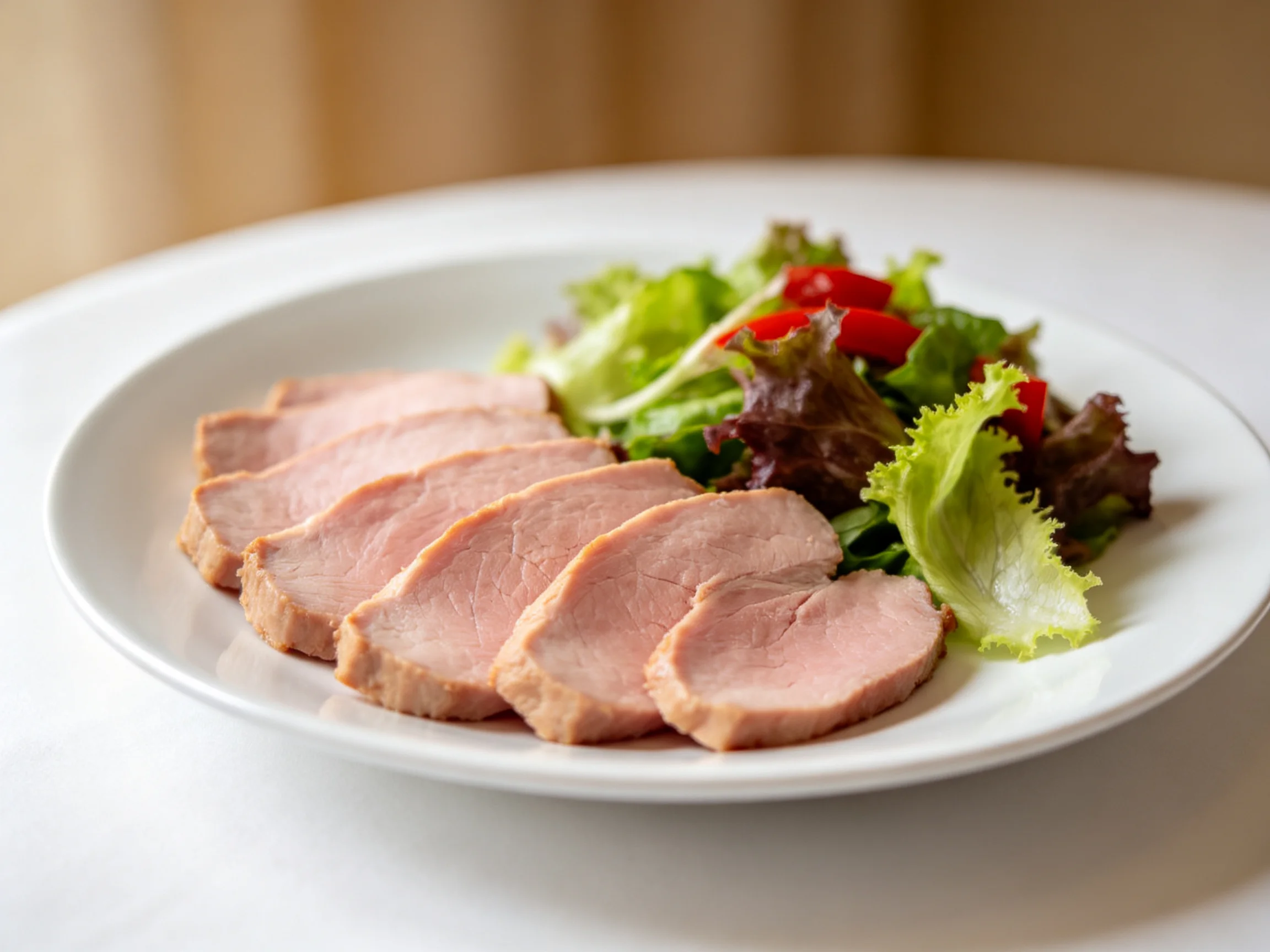 Sliced cooked meat and mixed green salad on a white plate