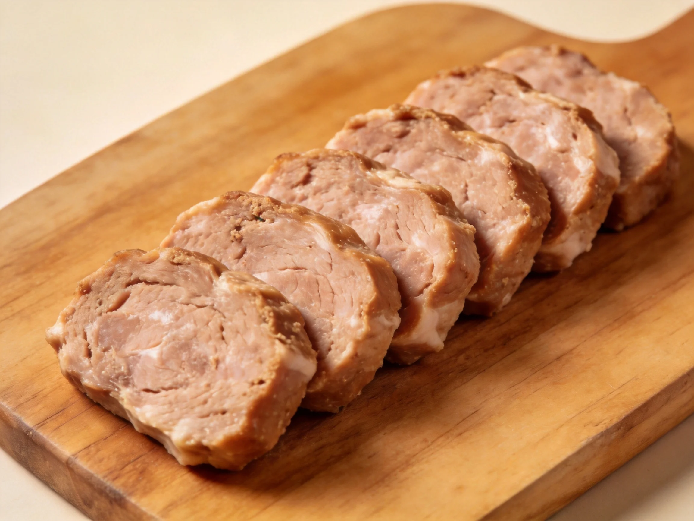 Sliced cooked meat arranged on a wooden cutting board