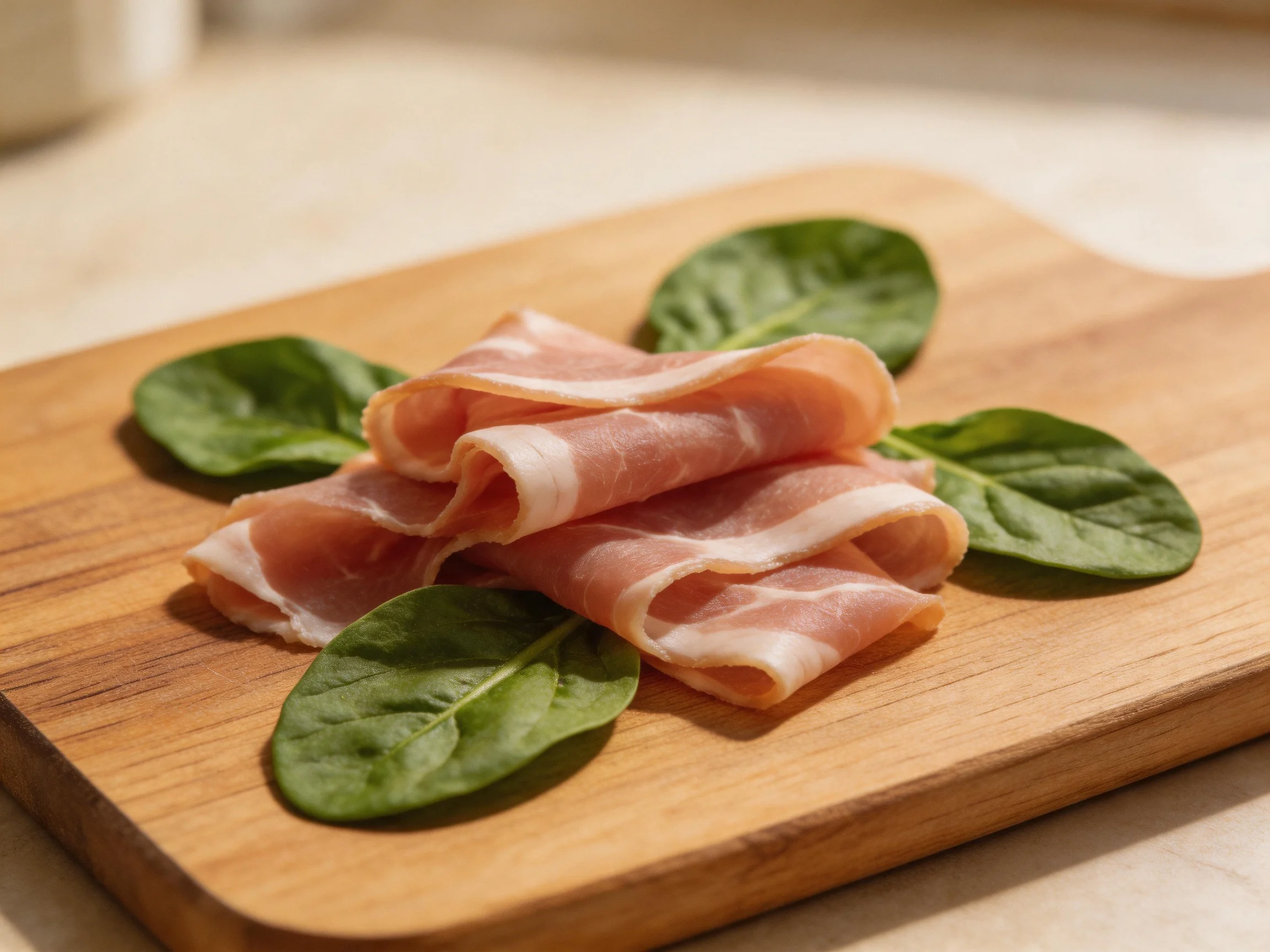 Sliced cured ham and fresh spinach on a wooden cutting board