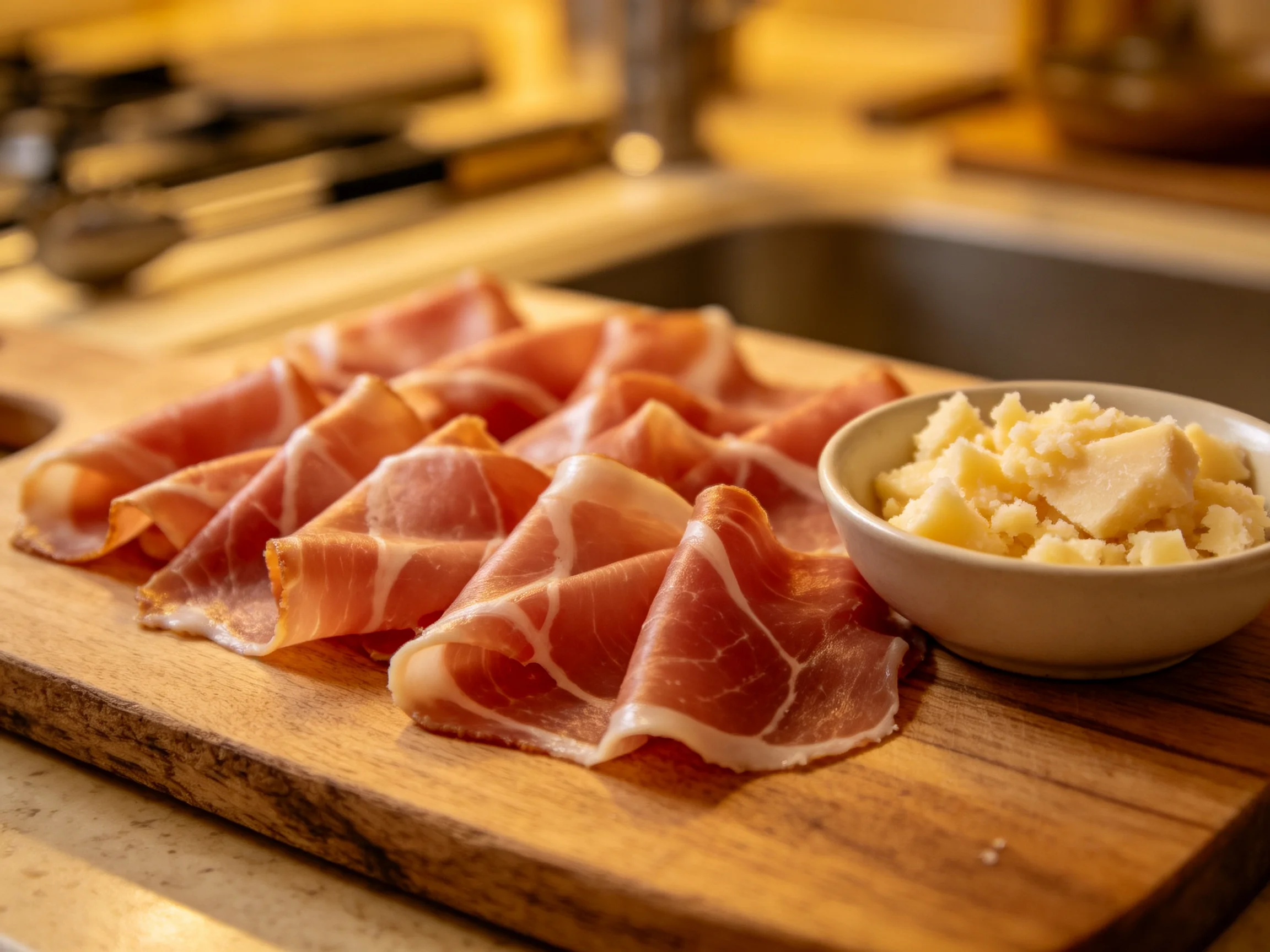 Sliced cured ham and grated cheese arranged on a wooden cutting board