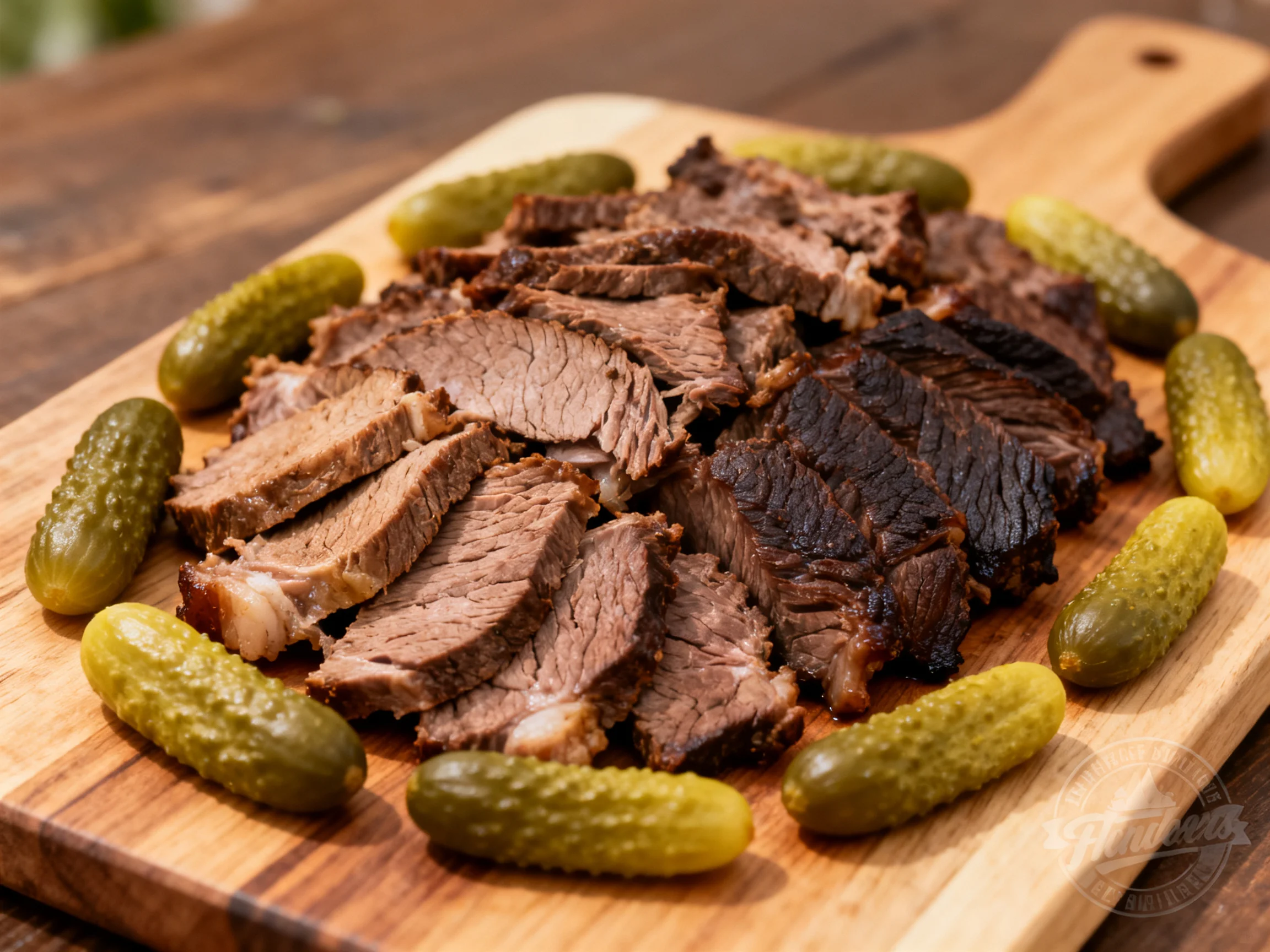 Sliced dark brown brisket with assorted green pickles on a wooden serving board