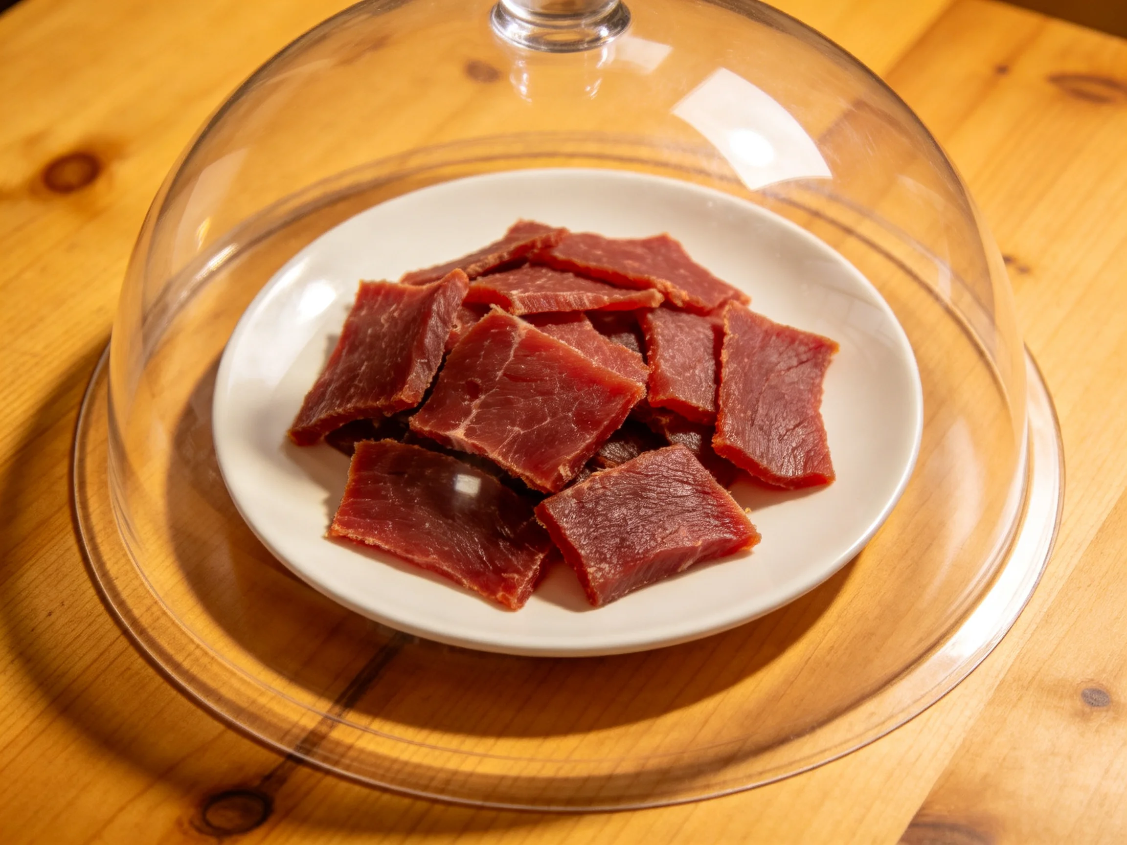 Sliced dried beef arranged on a white plate under a glass dome