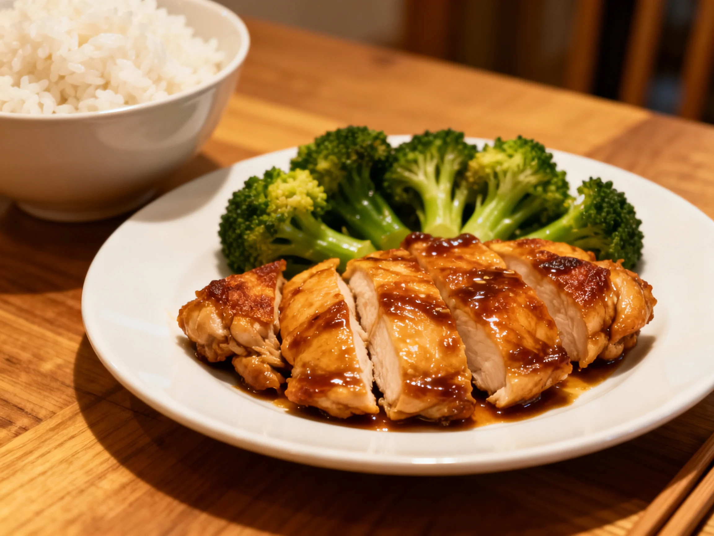 Sliced glazed chicken breast with steamed broccoli and white rice
