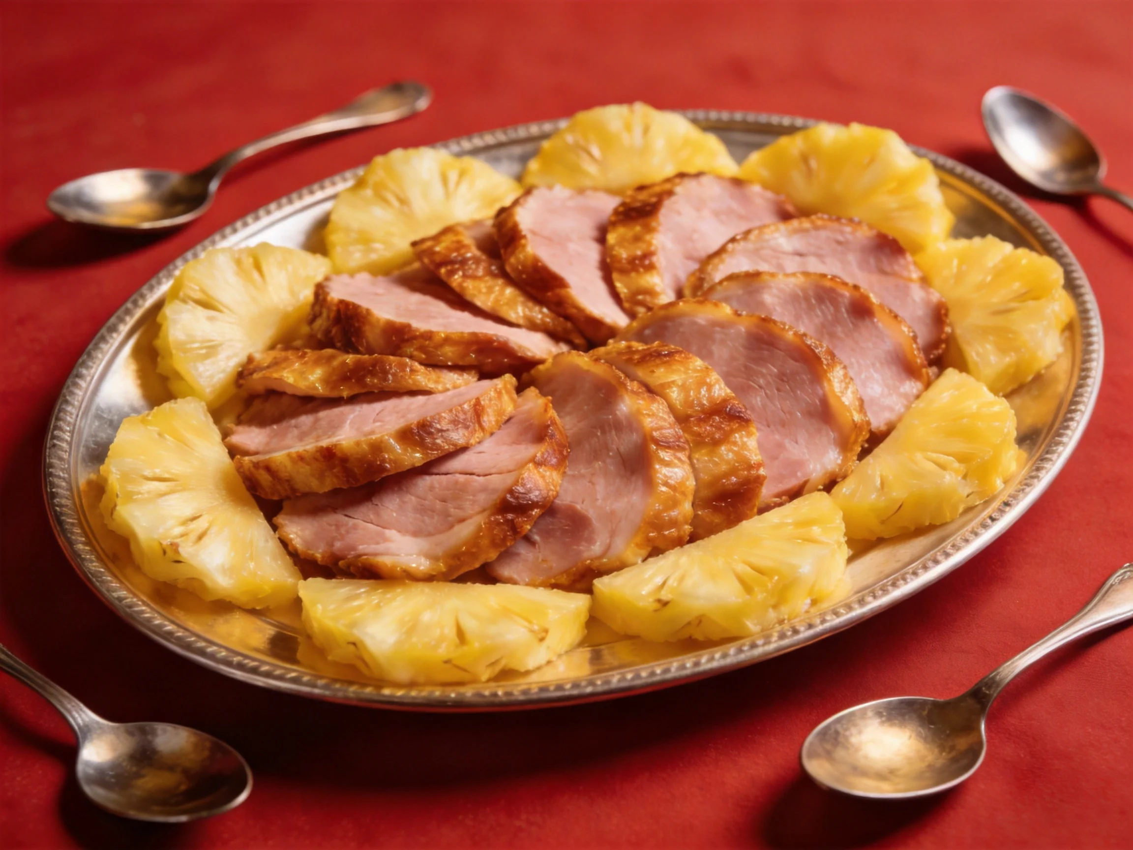 Sliced glazed ham and pineapple on a silver platter with serving spoons