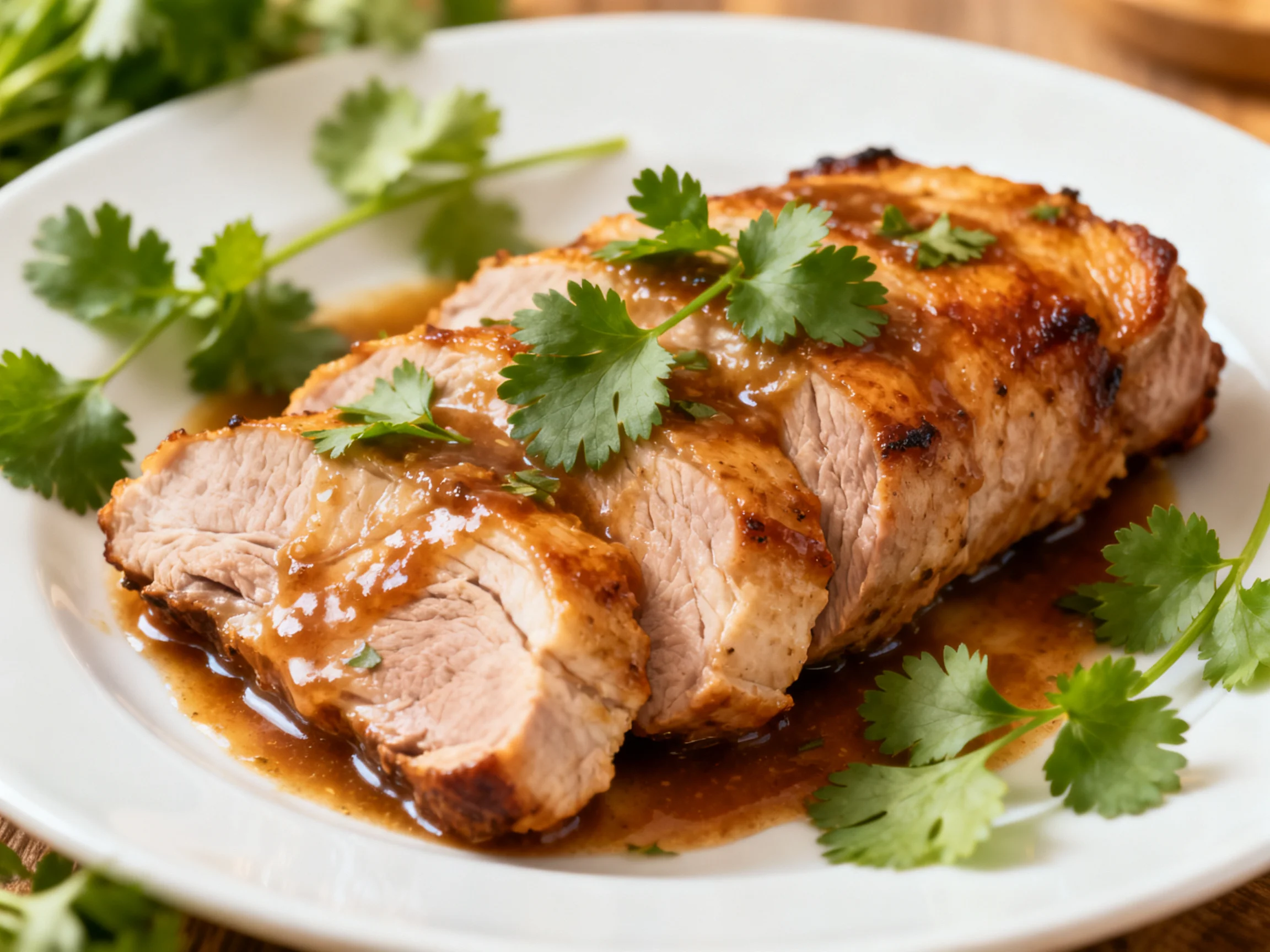 Sliced glazed pork tenderloin with fresh cilantro garnish