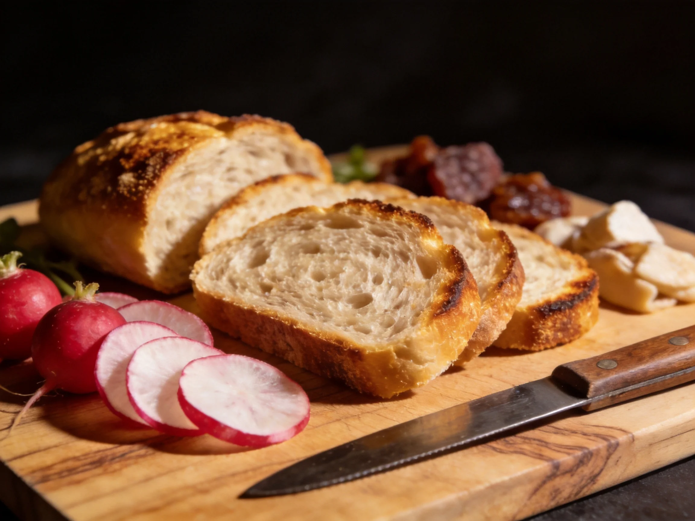 Sliced golden-brown bread, red radishes, and cheeses on a wooden cutting board