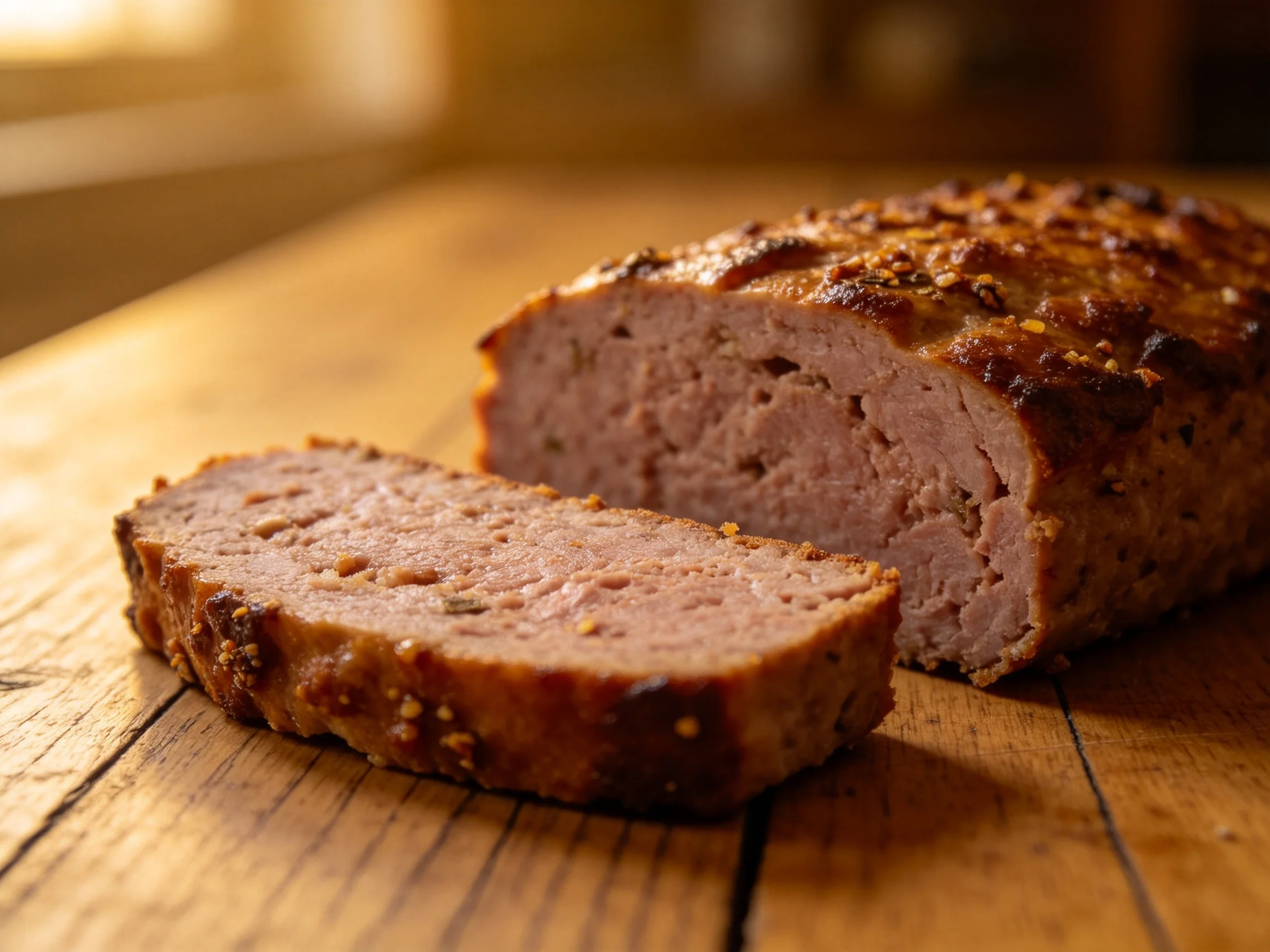 Sliced golden-brown meatloaf on rustic wooden surface