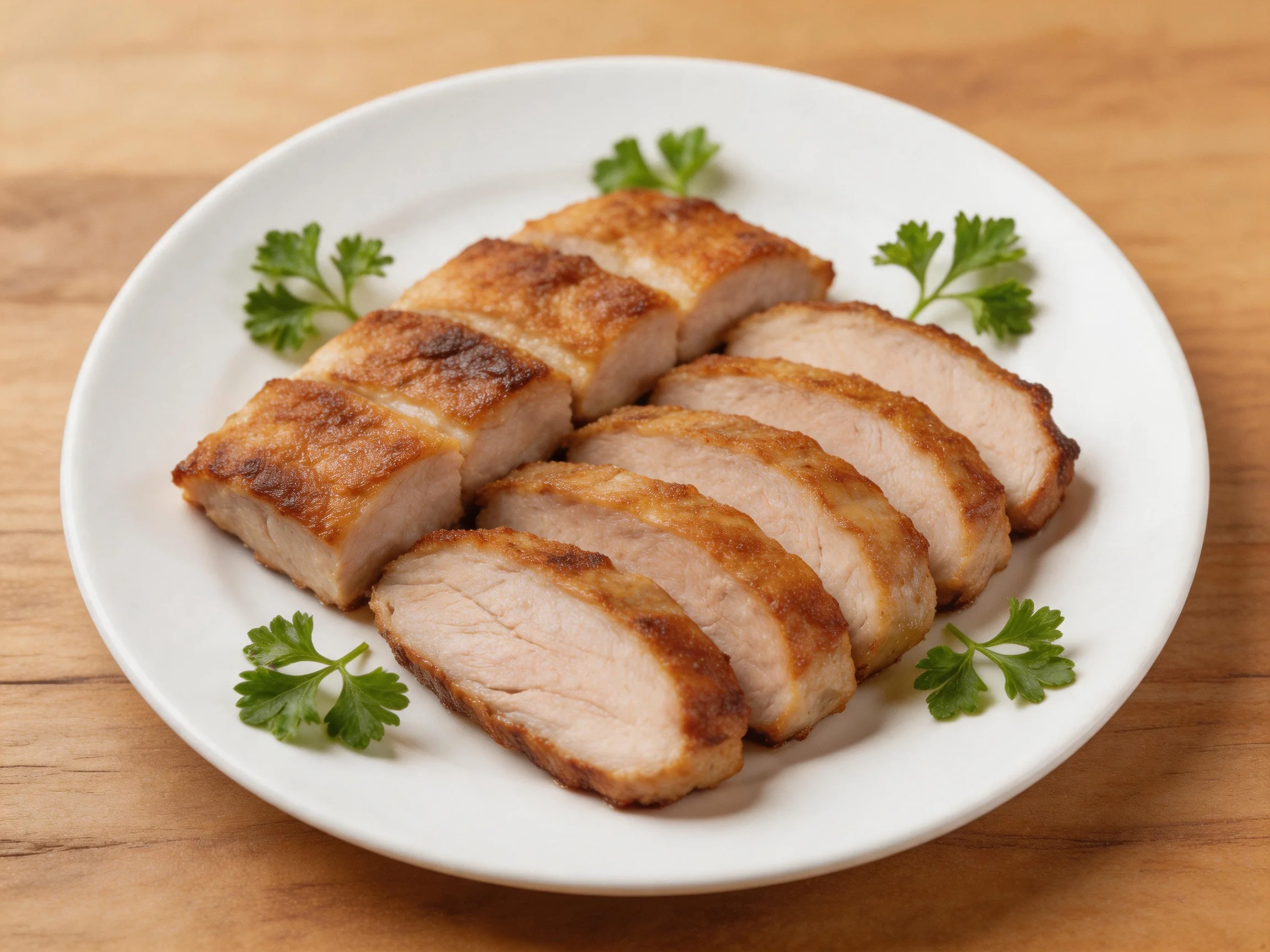 Sliced golden-brown pork on a white plate with green herbs