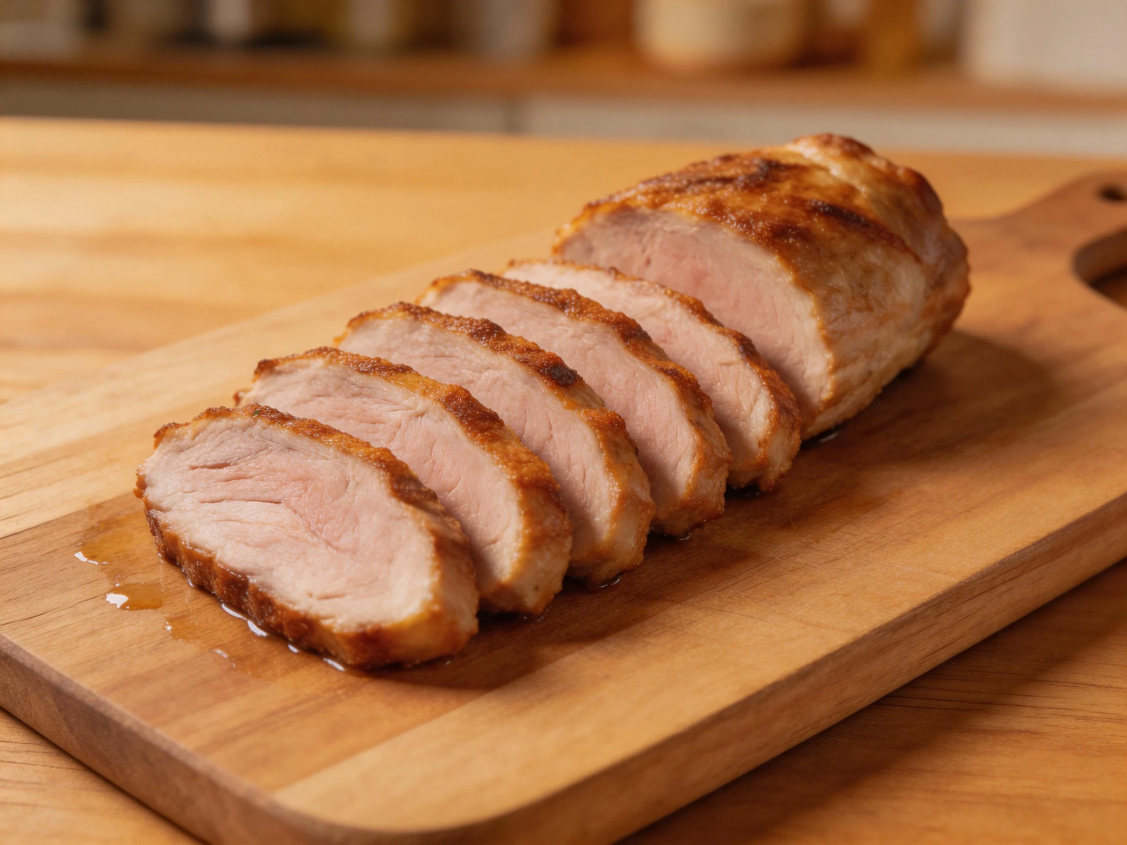 Sliced golden-brown roasted pork on a wooden cutting board