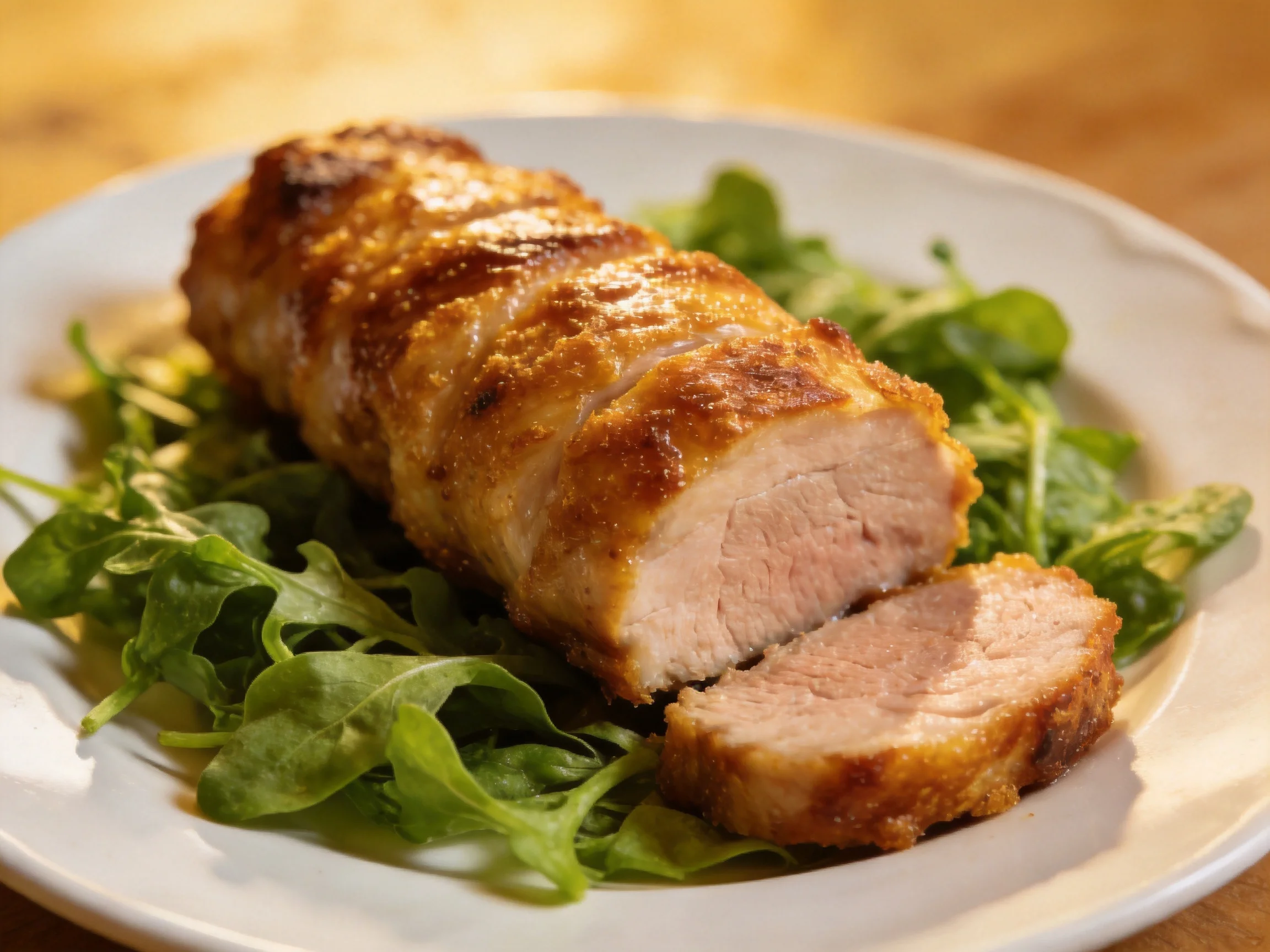 Sliced golden-brown roasted pork tenderloin on arugula salad