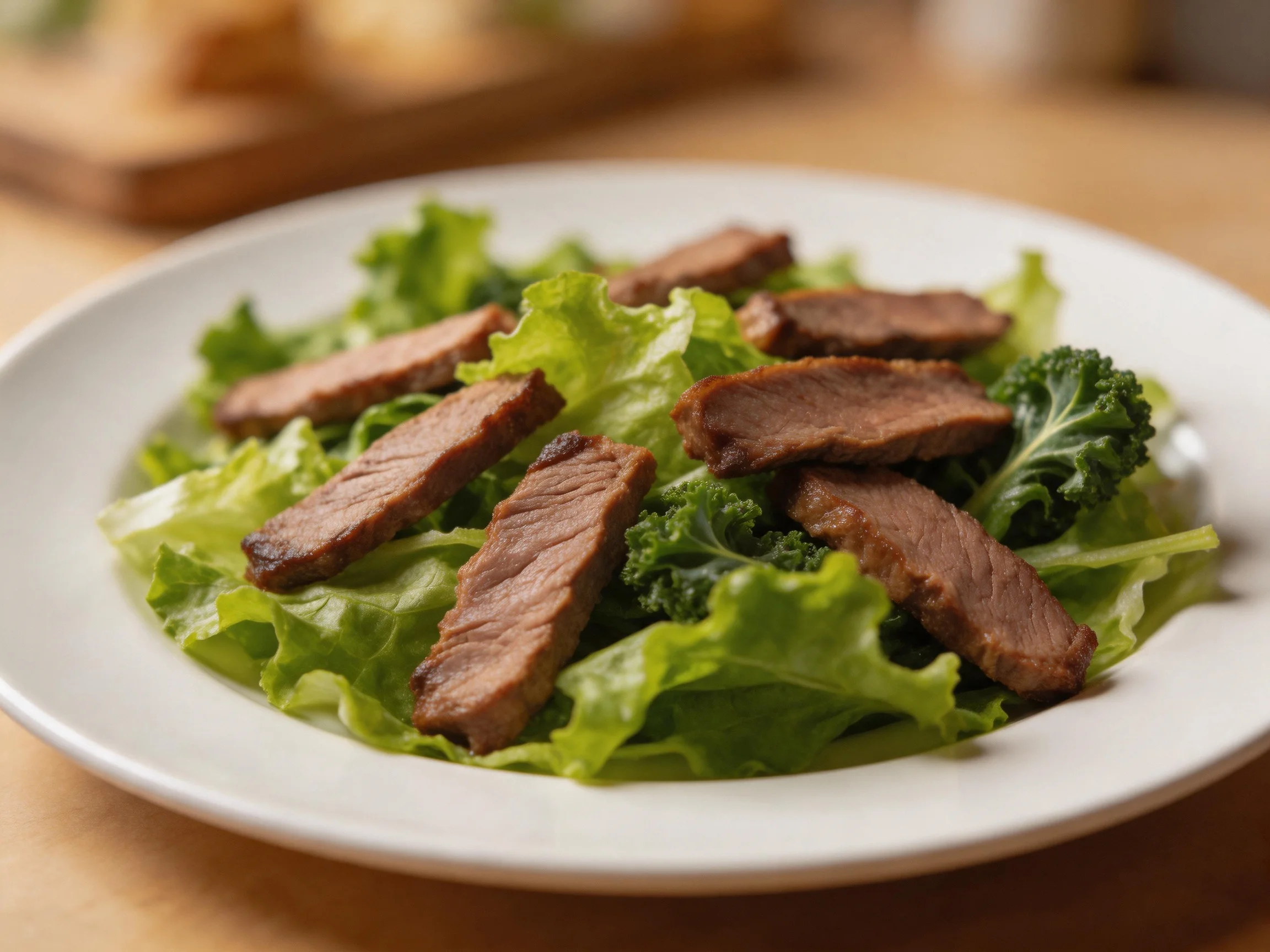 Sliced grilled beef and mixed greens arranged on a white plate