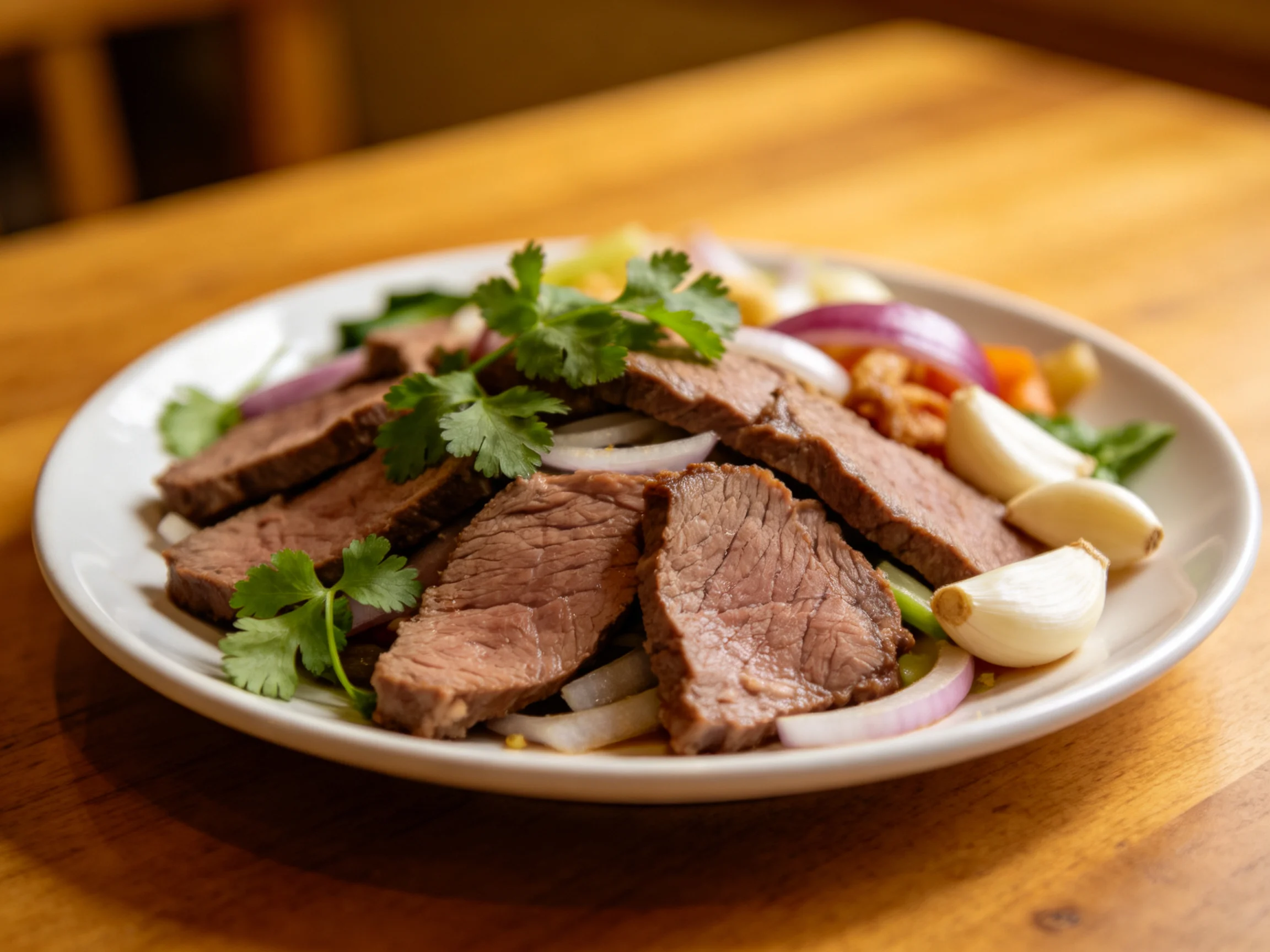 Sliced grilled beef salad with cilantro, red onion, and garlic on white plate