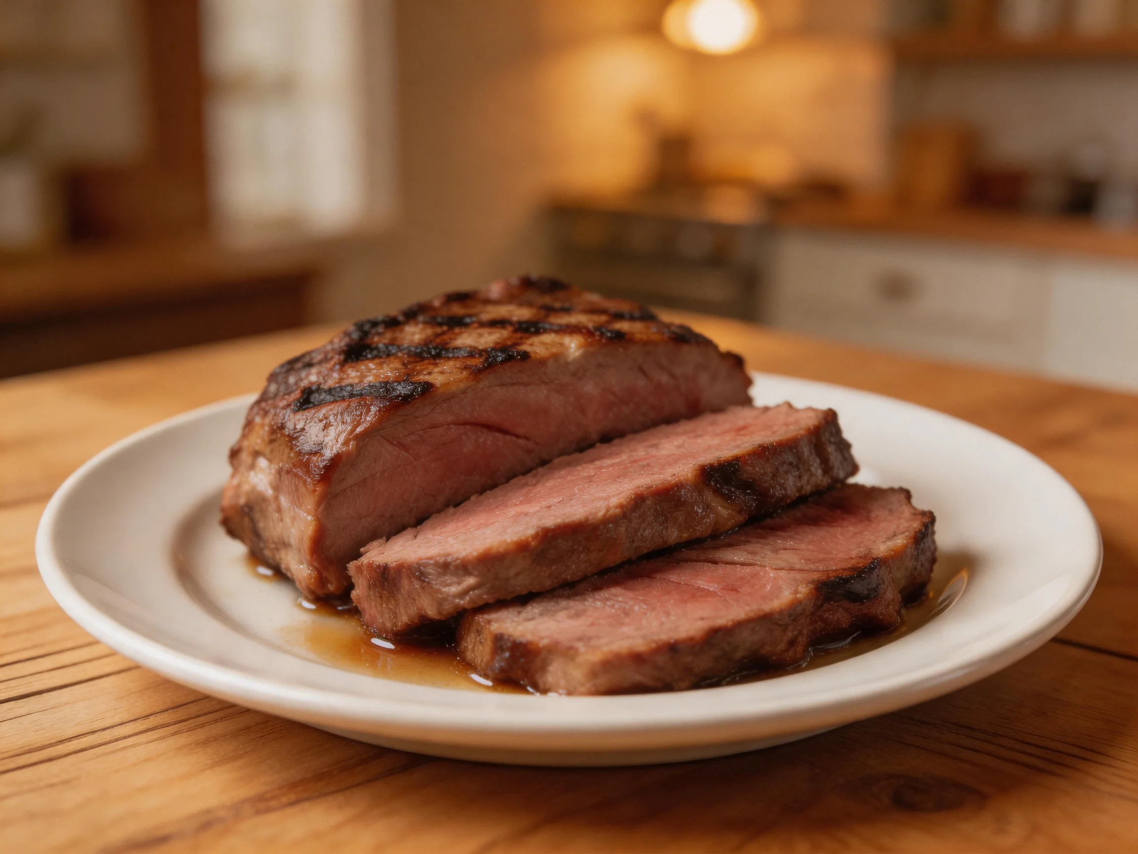 Sliced grilled beef steak served on a white plate in a cozy kitchen
