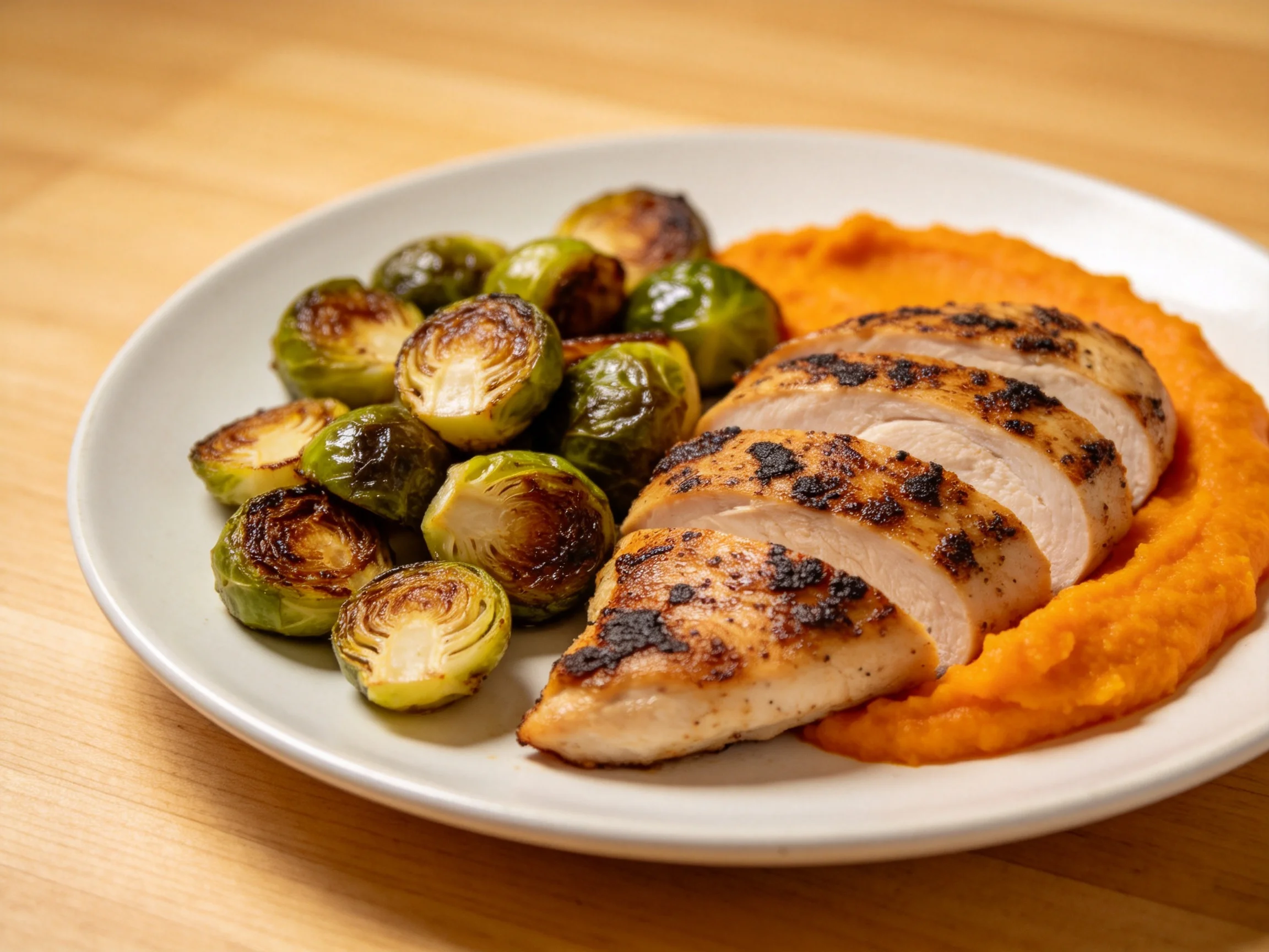 Sliced grilled chicken, roasted Brussels sprouts, and sweet potato mash on a white plate