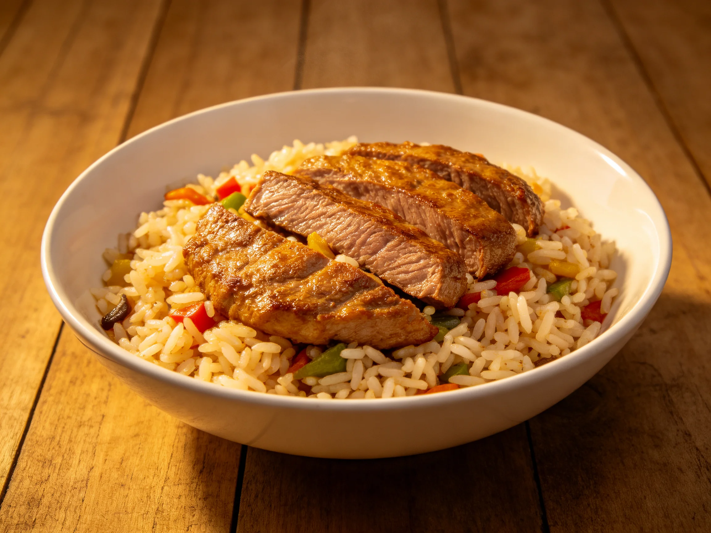 Sliced grilled meat served over seasoned rice with mixed vegetables