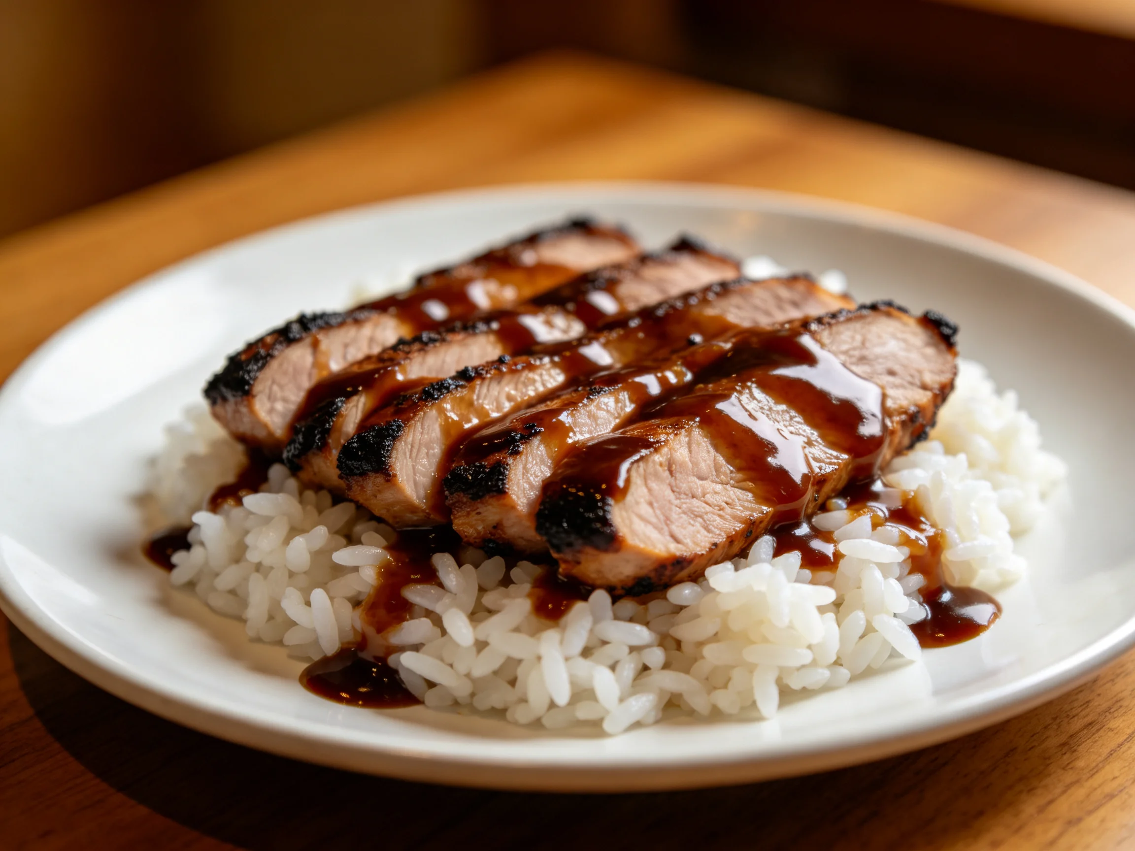 Sliced grilled meat with dark sauce over fluffy white rice