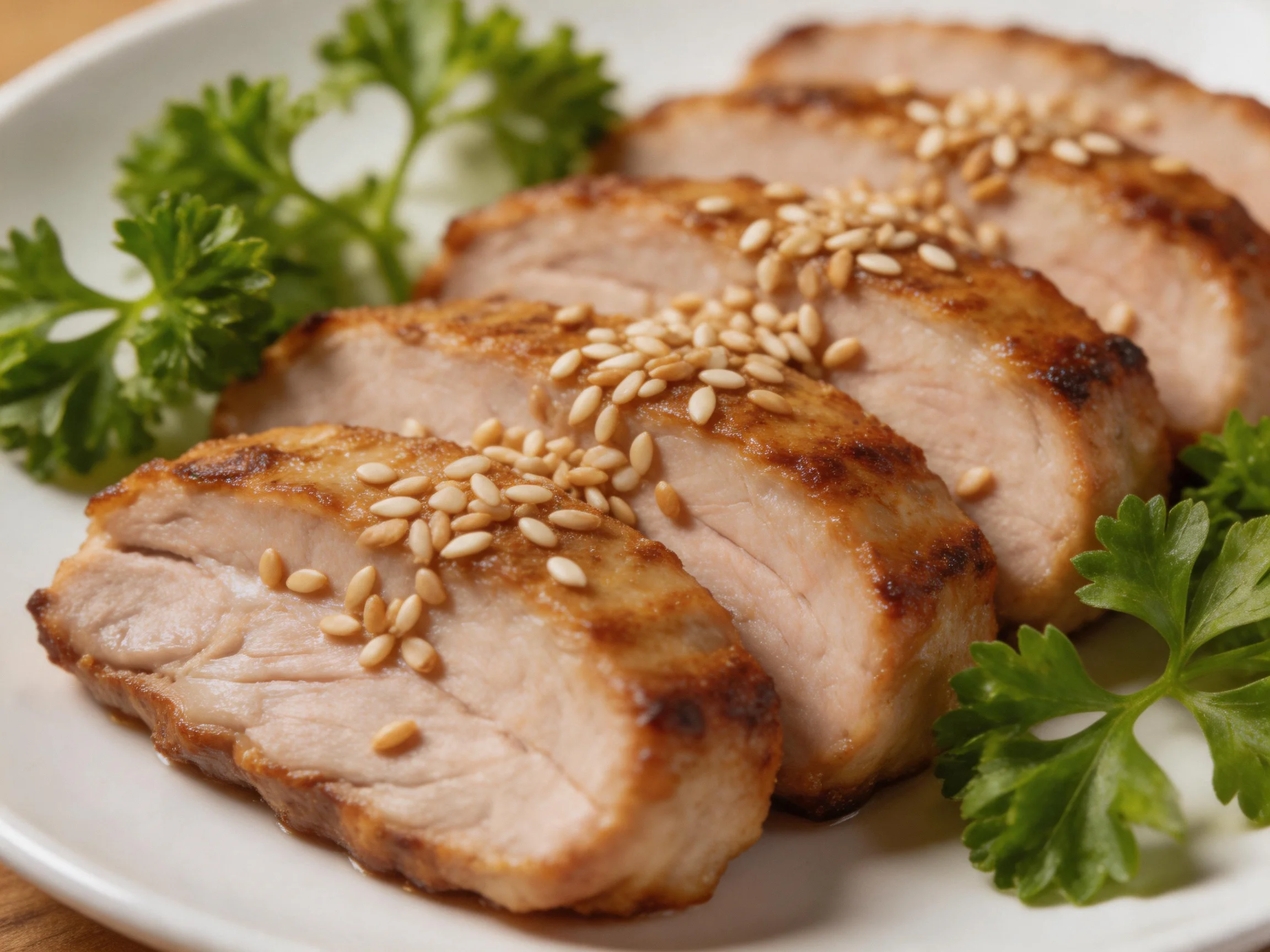 Sliced grilled pork slices topped with sesame seeds and parsley