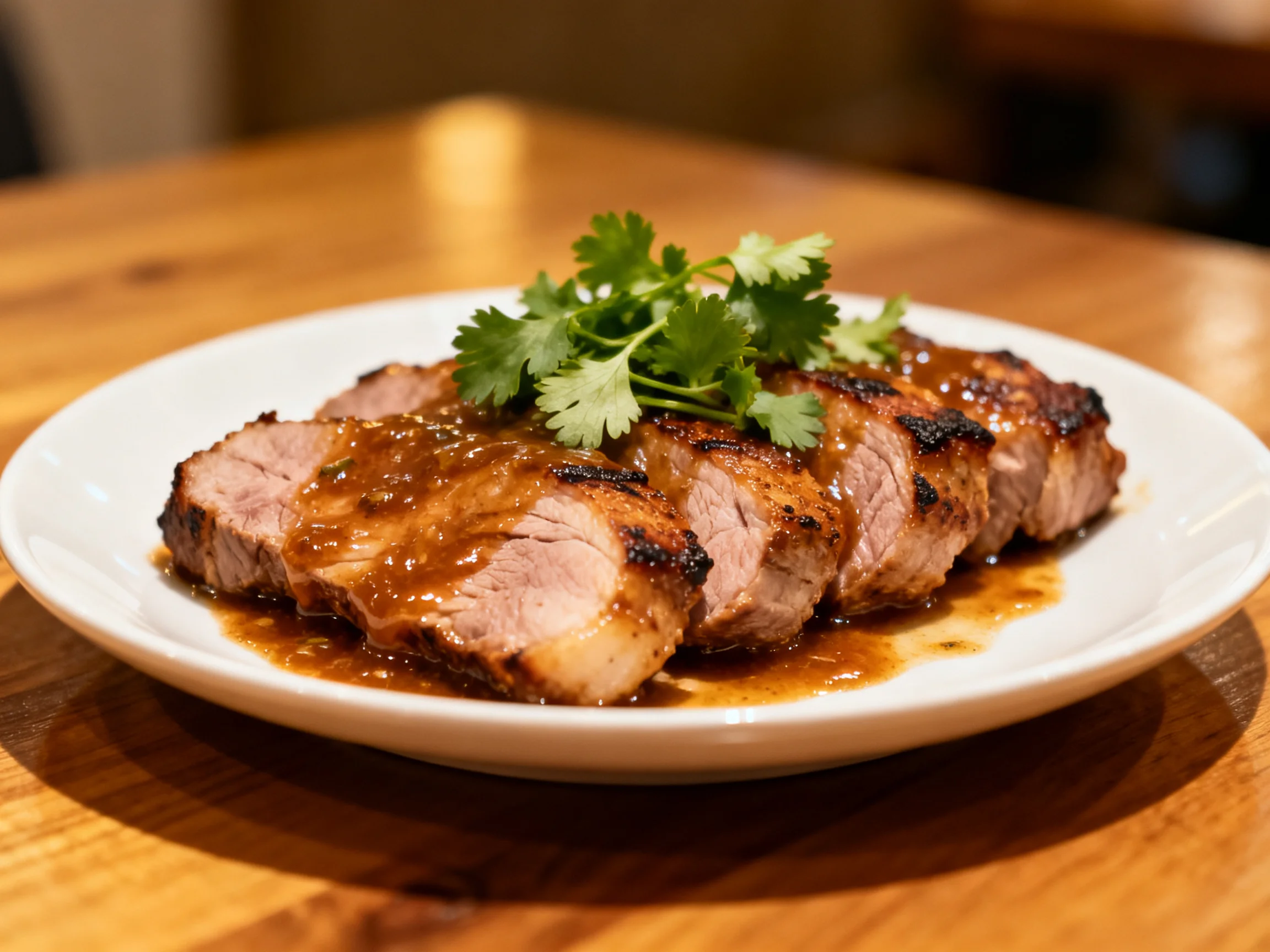 Sliced grilled pork tenderloin with caramelized glaze and fresh cilantro