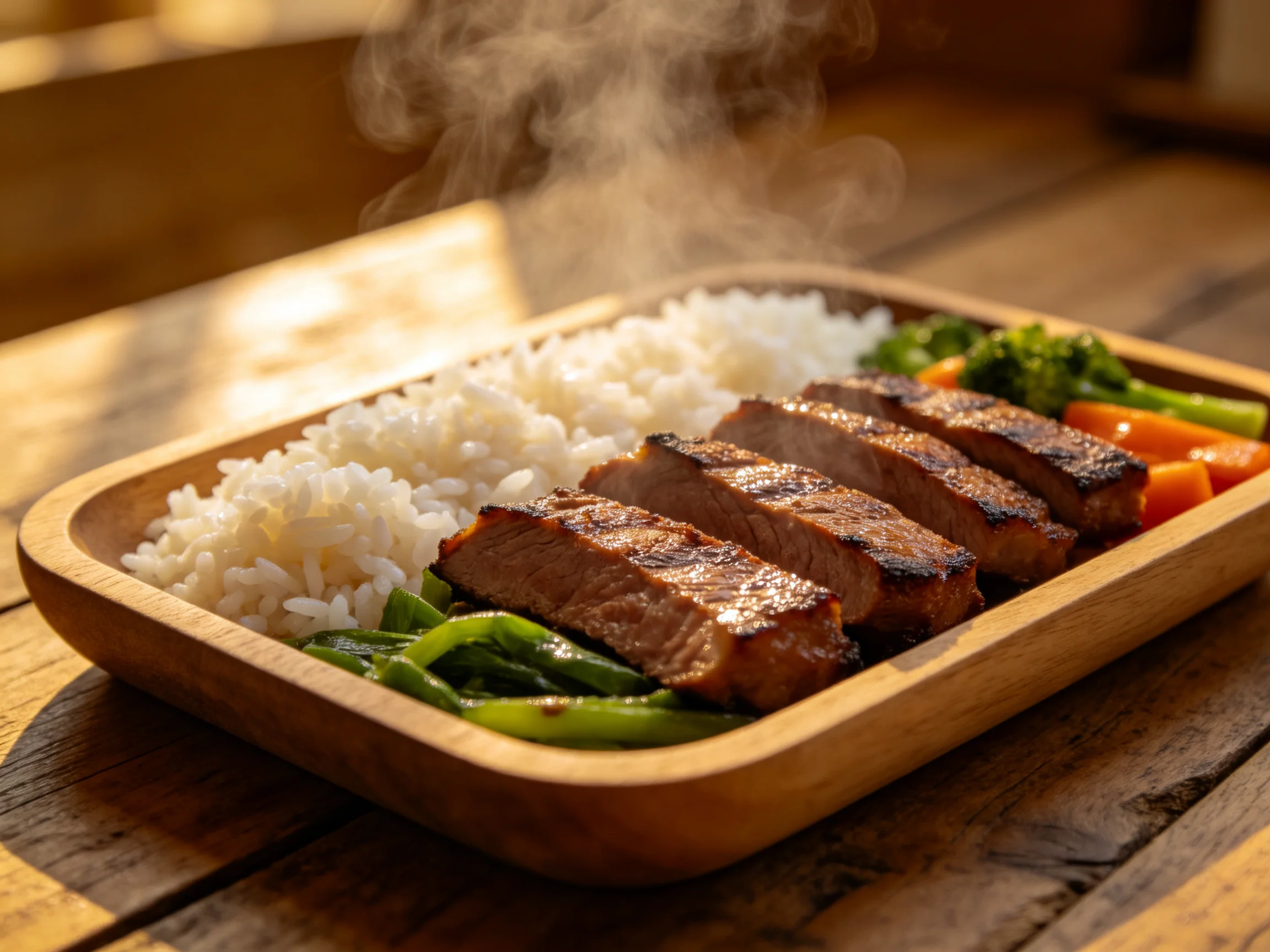 Sliced grilled pork with rice and vegetables in a wooden serving tray