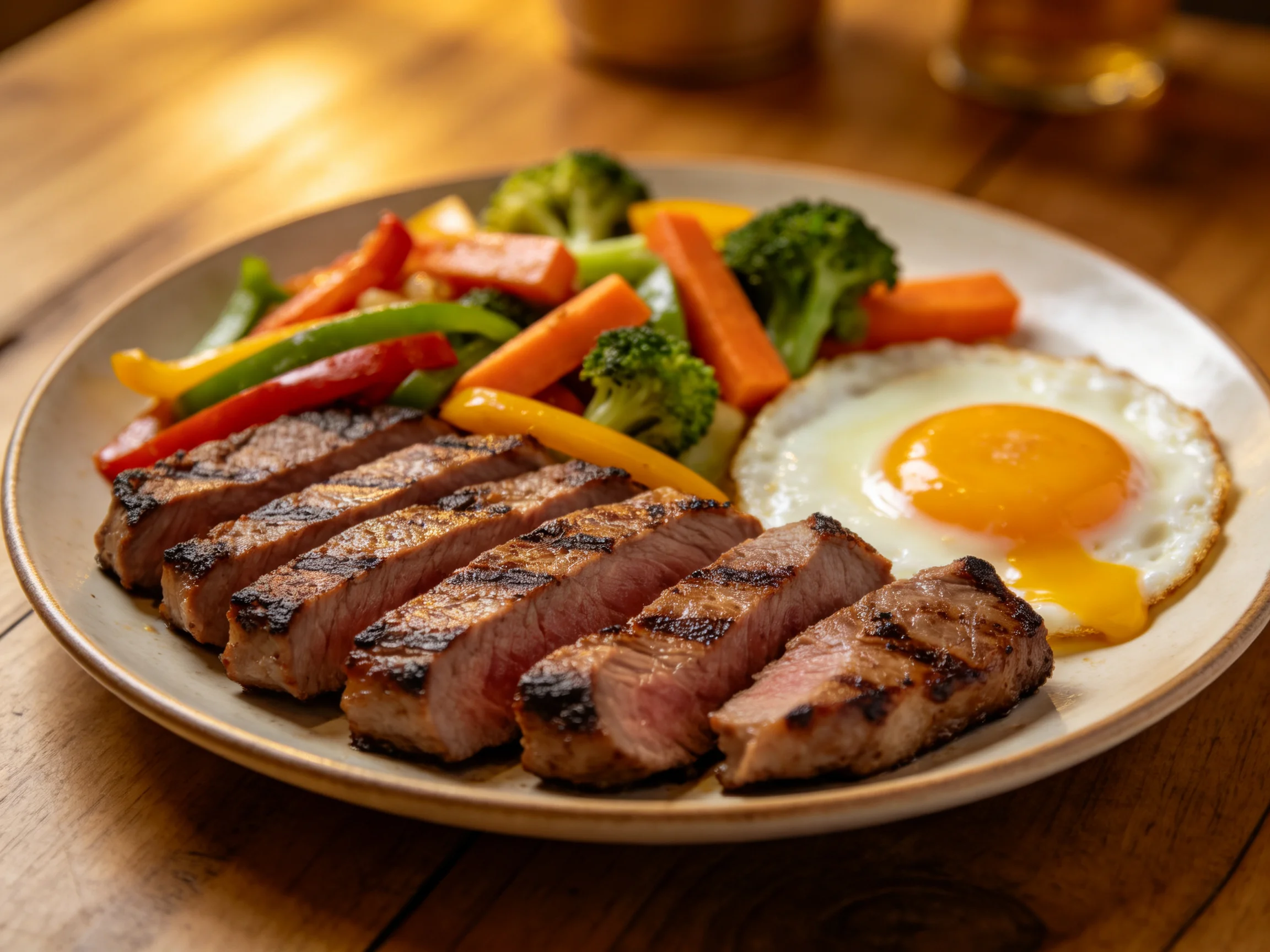 Sliced grilled steak, fried egg, and colorful mixed vegetables on a plate