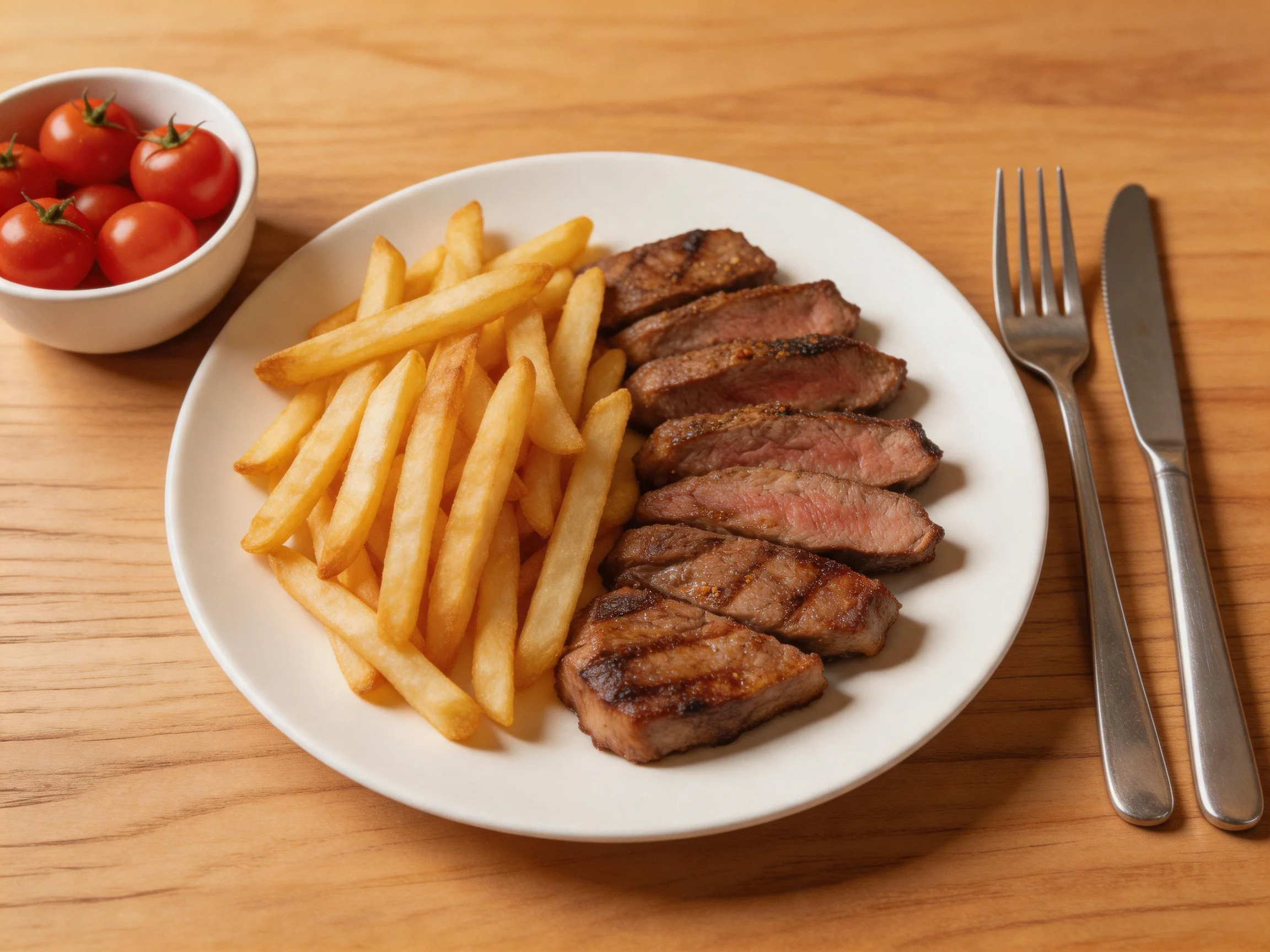 Sliced grilled steak, golden fries, and red cherry tomatoes on a white plate