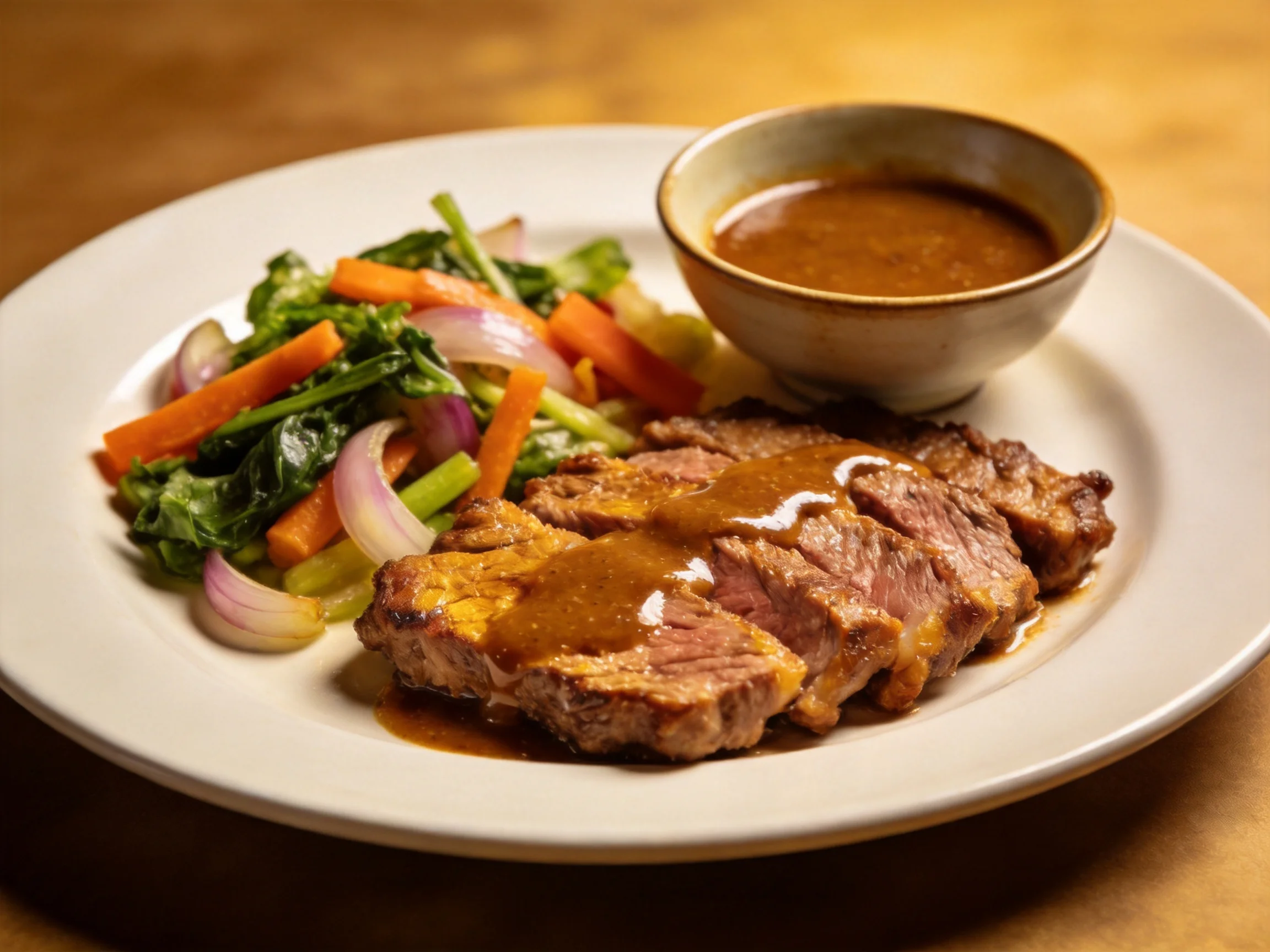 Sliced grilled steak, mixed vegetables, and brown sauce on a white plate