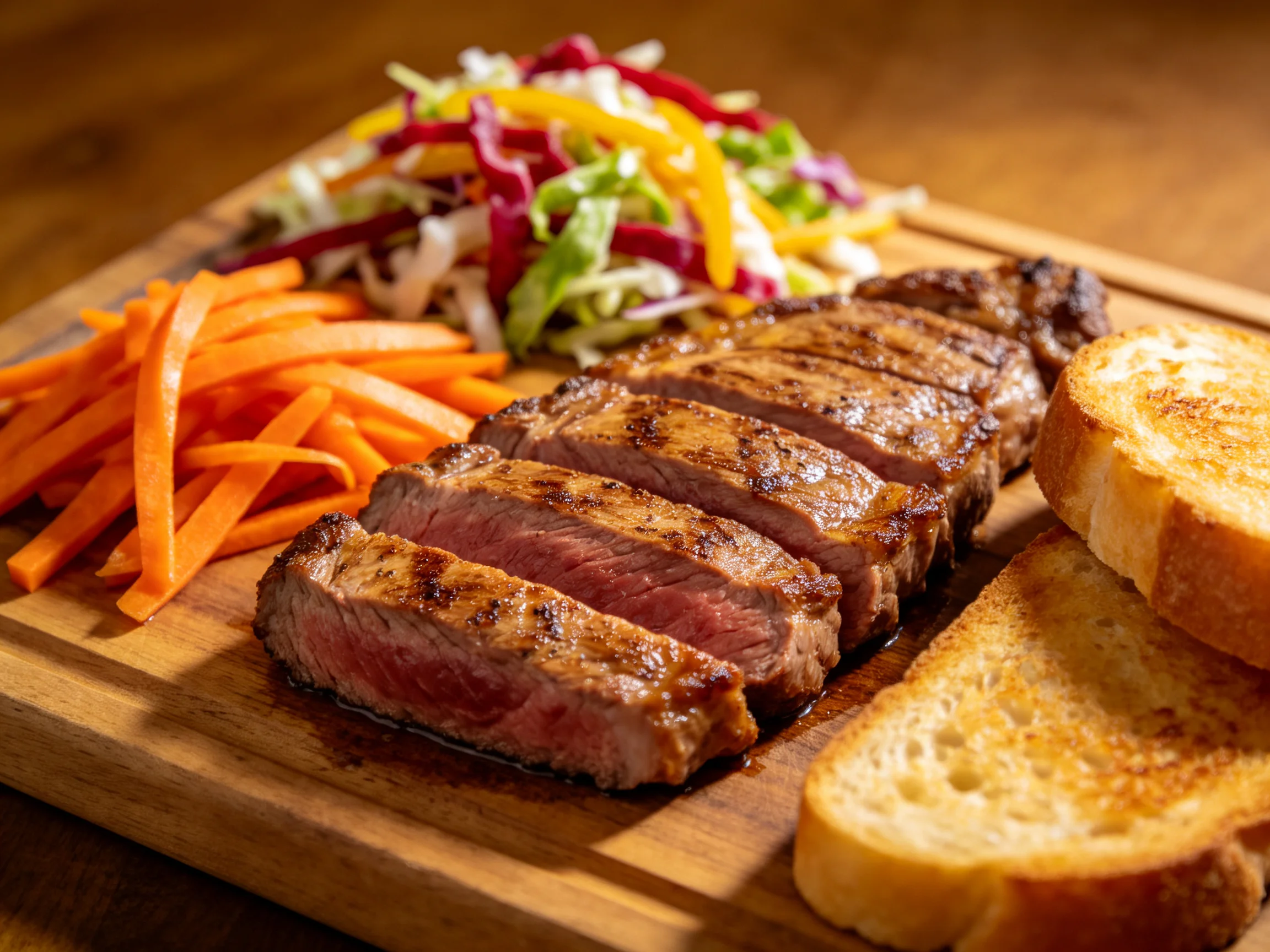 Sliced grilled steak, orange carrot strips, colorful slaw, and toasted bread on wooden board