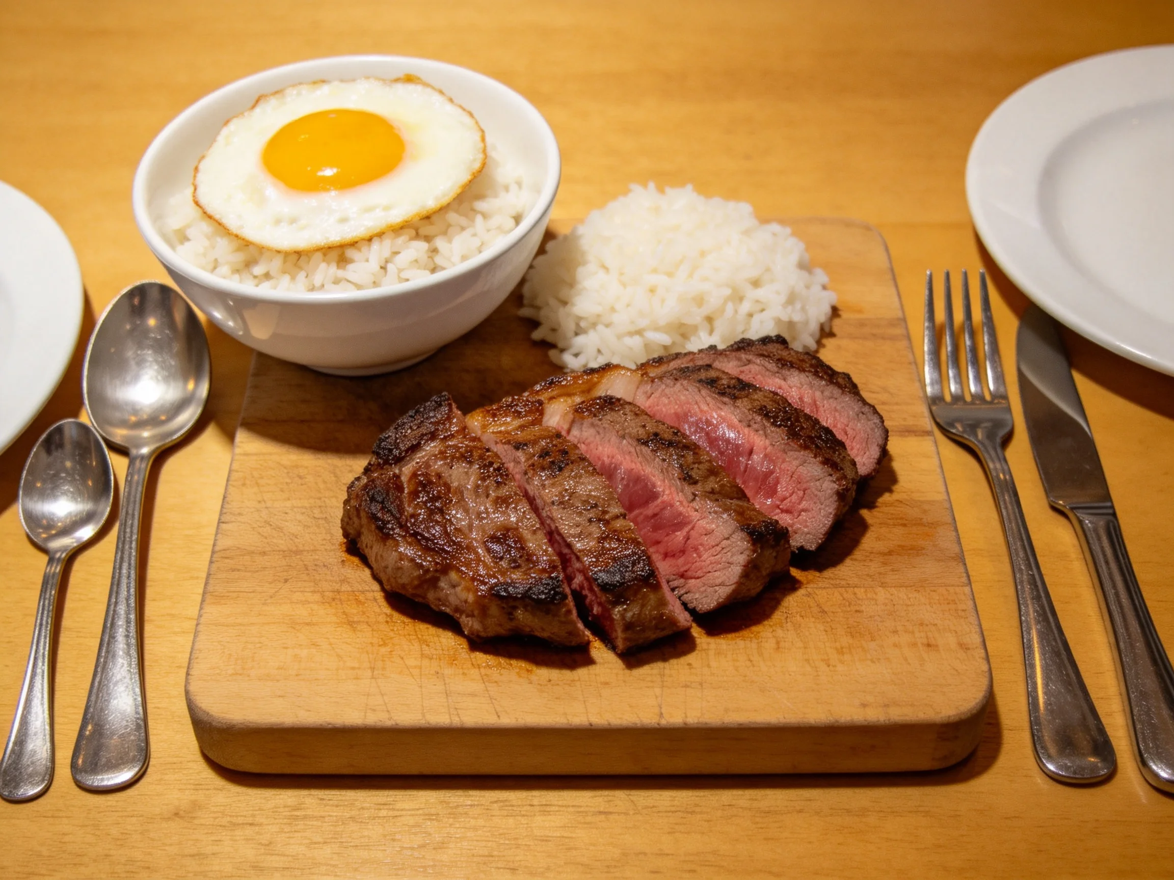 Sliced grilled steak, rice, and utensils on wooden surfaces