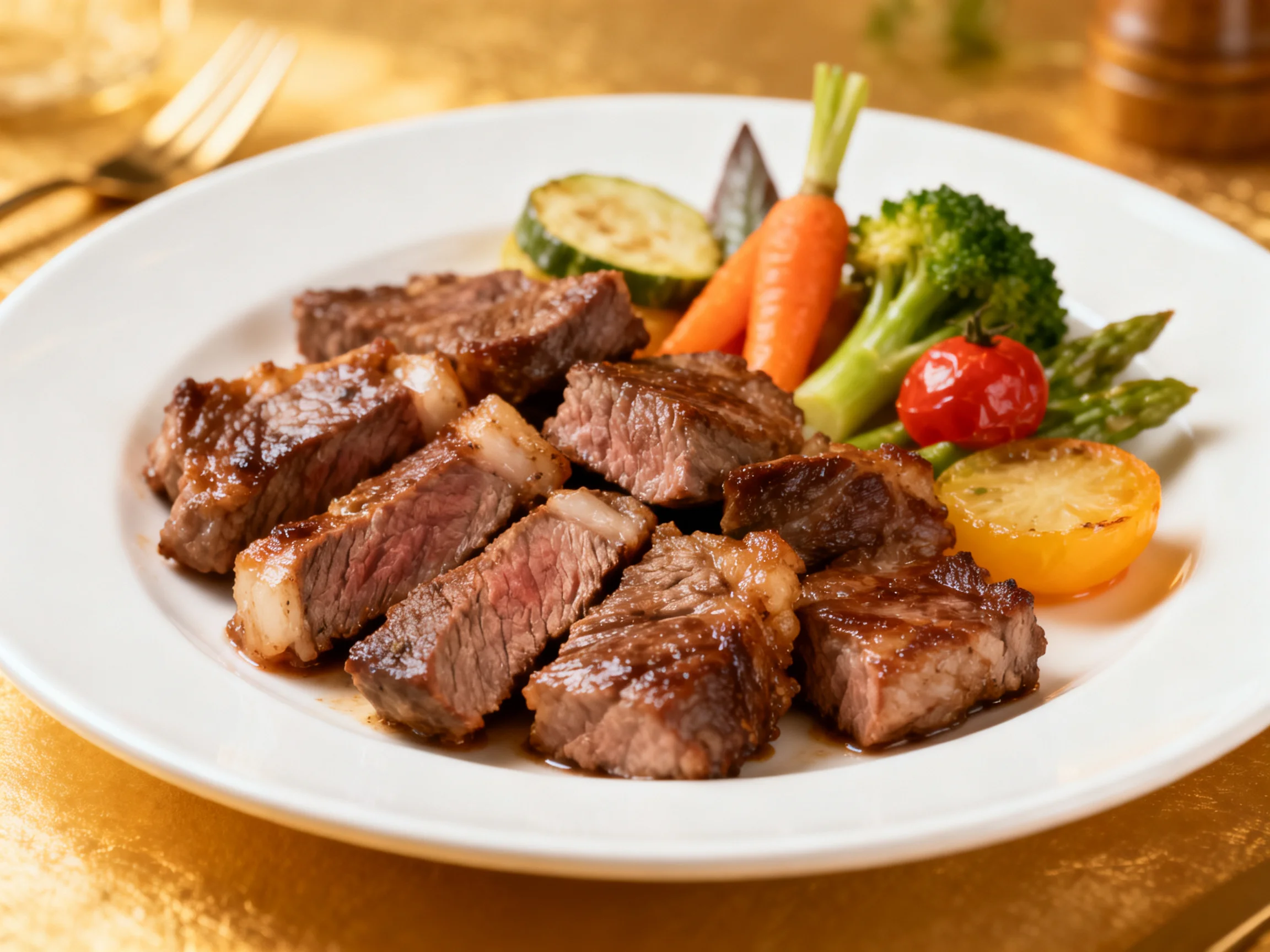 Sliced grilled steak with assorted roasted vegetables