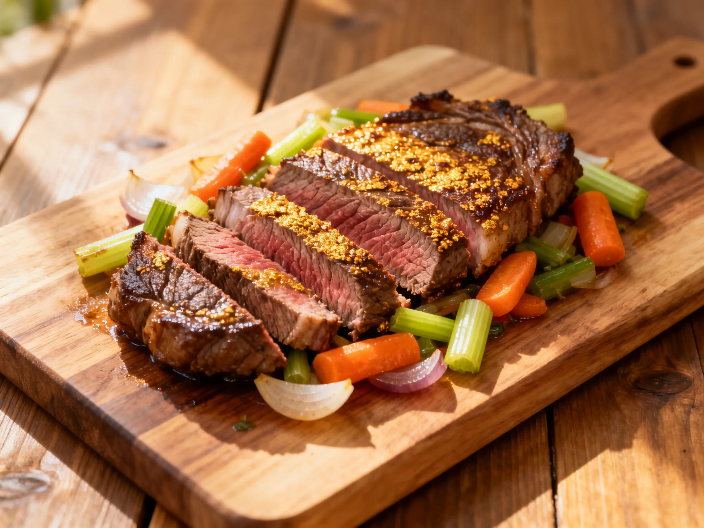 Sliced grilled steak with carrots, celery, and onions on a wooden board