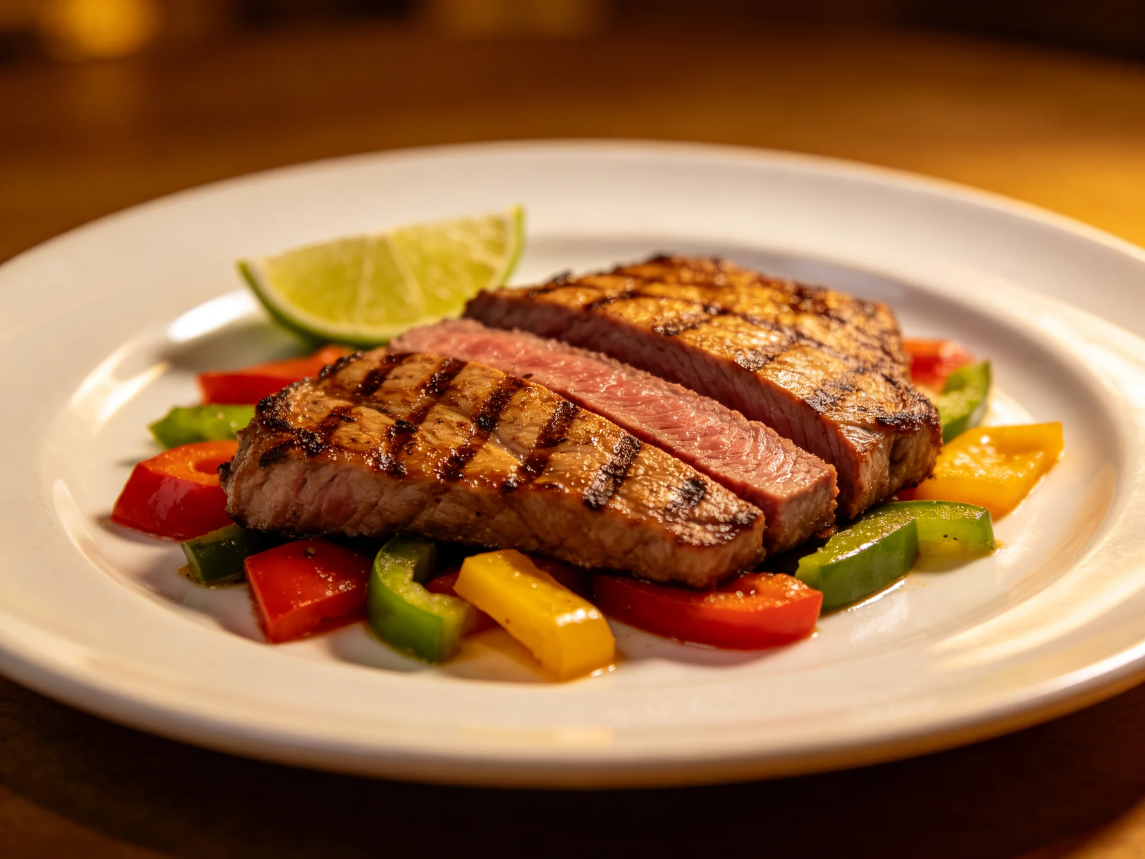 Sliced grilled steak with colorful bell peppers and lime wedge