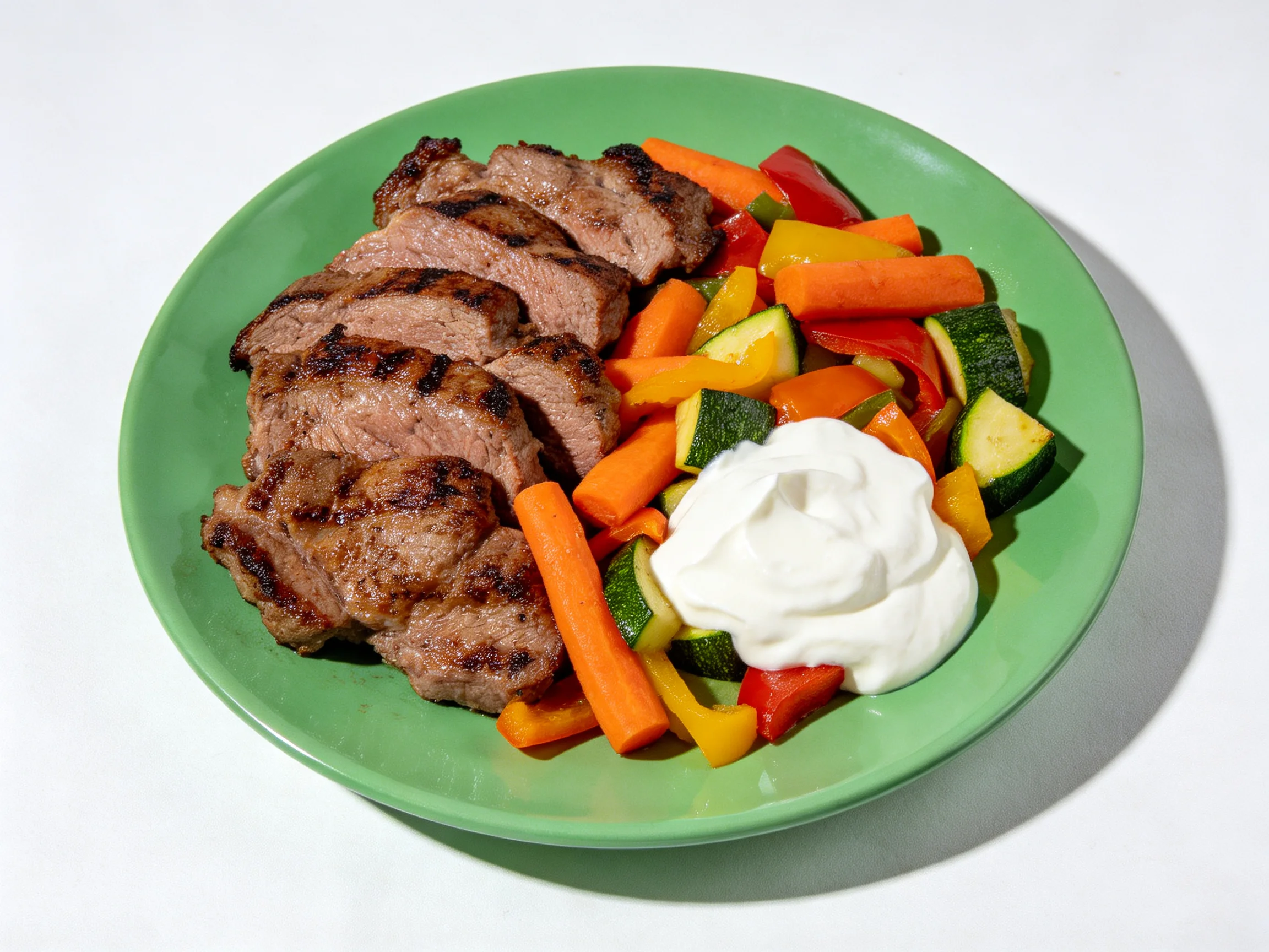 Sliced grilled steak with colorful mixed veggies and white sauce on a green plate